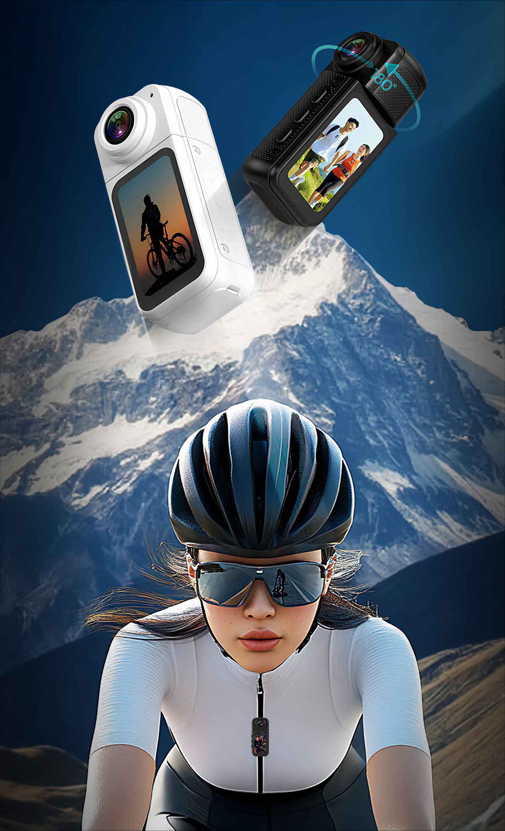 Ein Radfahrer trägt Helm, Sonnenbrille und Kamera. Zwei Action-Kameras schweben über einem Gebirge und zeigen Bilder.