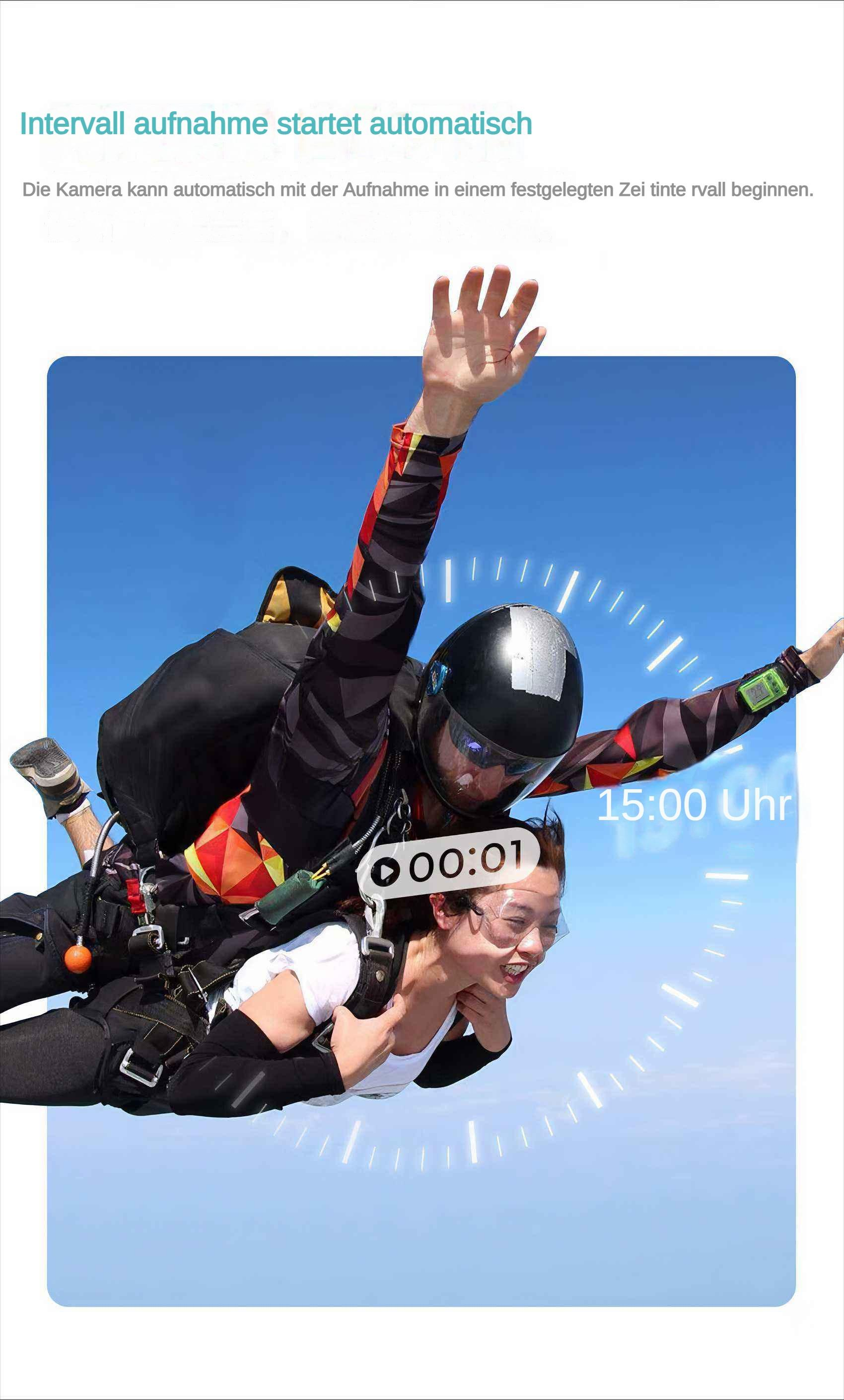 Zwei Fallschirmspringer im freien Fall mit blauem Himmel im Hintergrund. Einer trägt einen Helm, der andere lächelt.