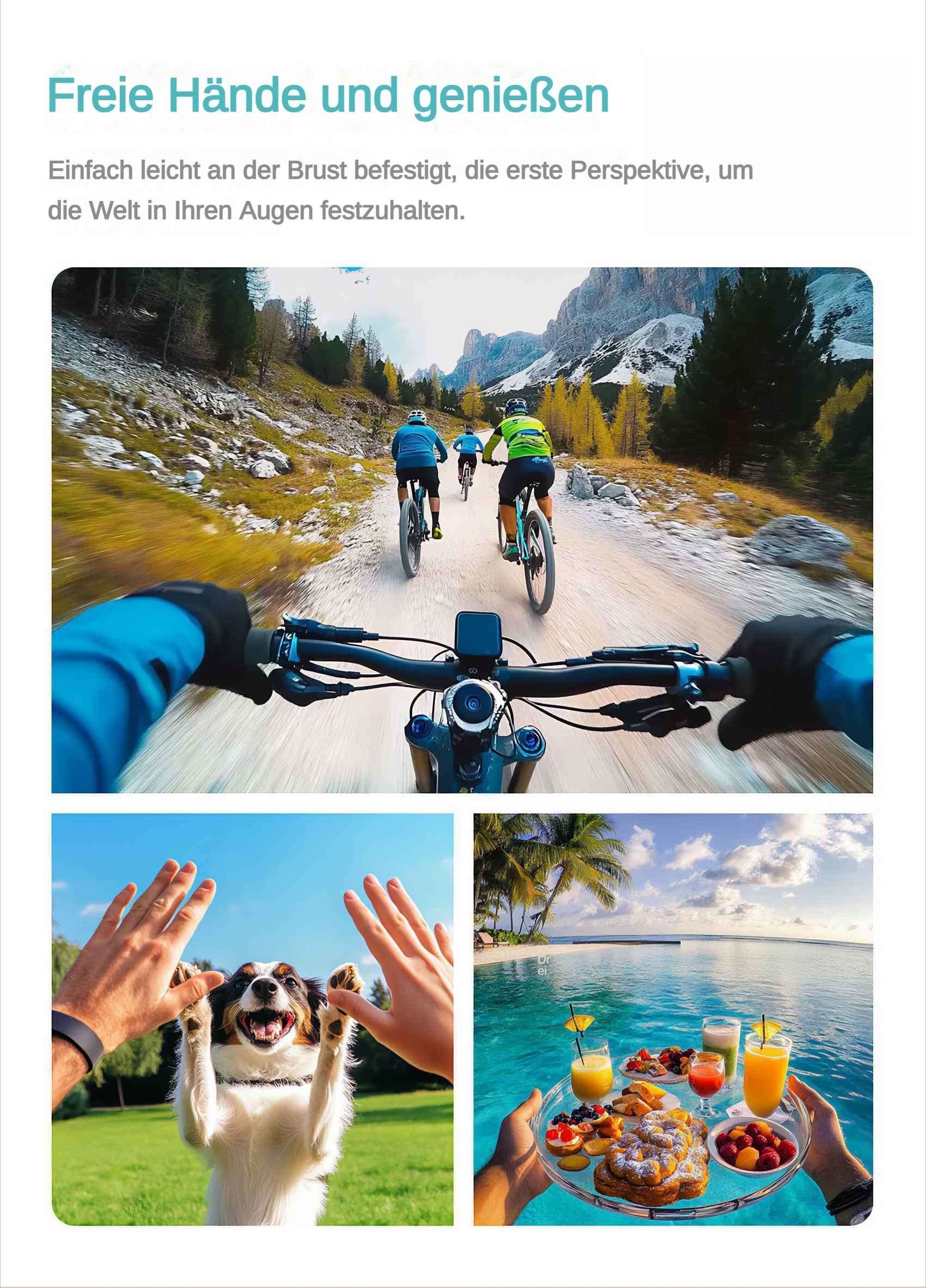 Bild mit drei Szenen: Radfahren in den Bergen, Hund mit erhobenen Pfoten und Essen im Wasser, alles unter blauem Himmel.