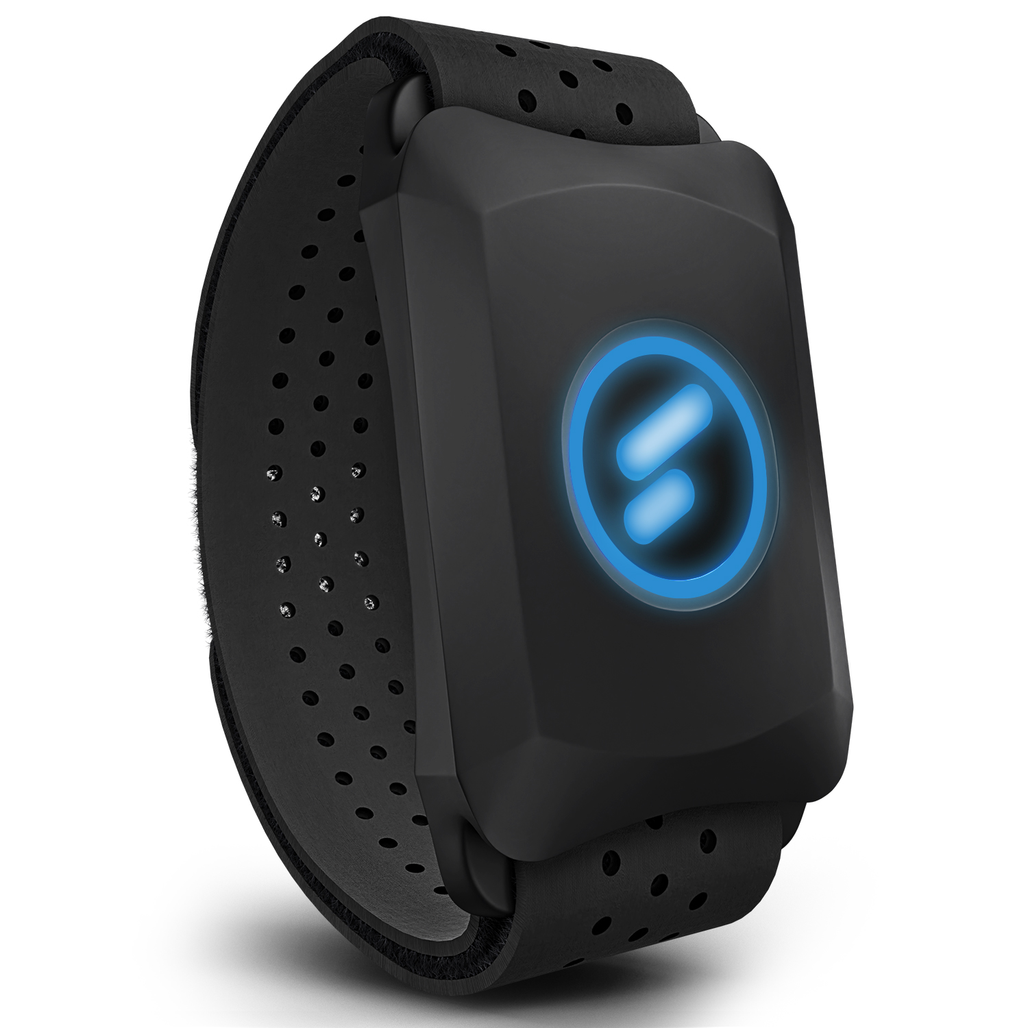 Schwarzer Fitnesstracker auf weißem Hintergrund. Er hat ein schwarzes Armband mit Löchern und einen schwarzen Sensor mit blauem Logo.