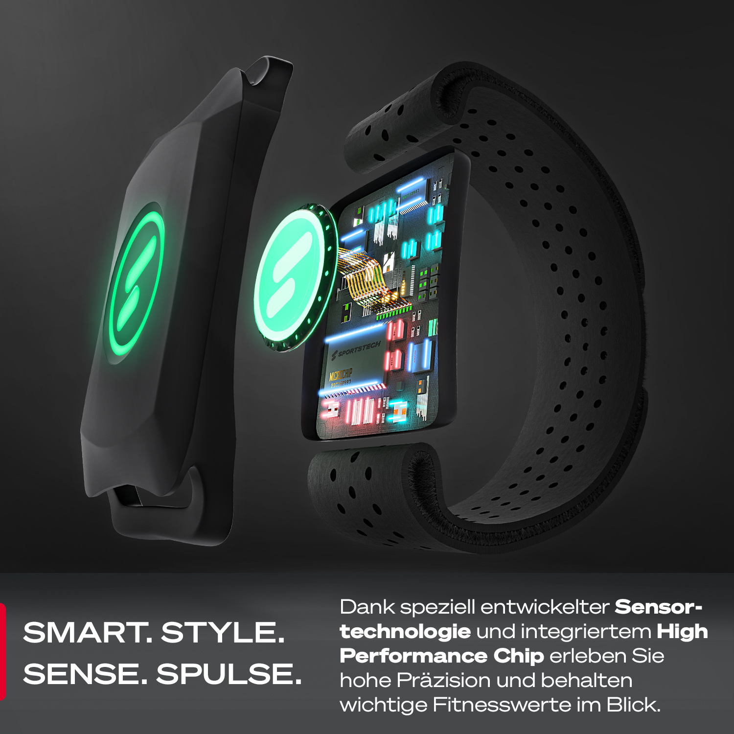 Eine schwarze Smartwatch mit farbigen Schaltkreisen auf dem Bildschirm. Sie hat ein grün leuchtendes Logo. Die Uhr ist auf schwarzem Grund.