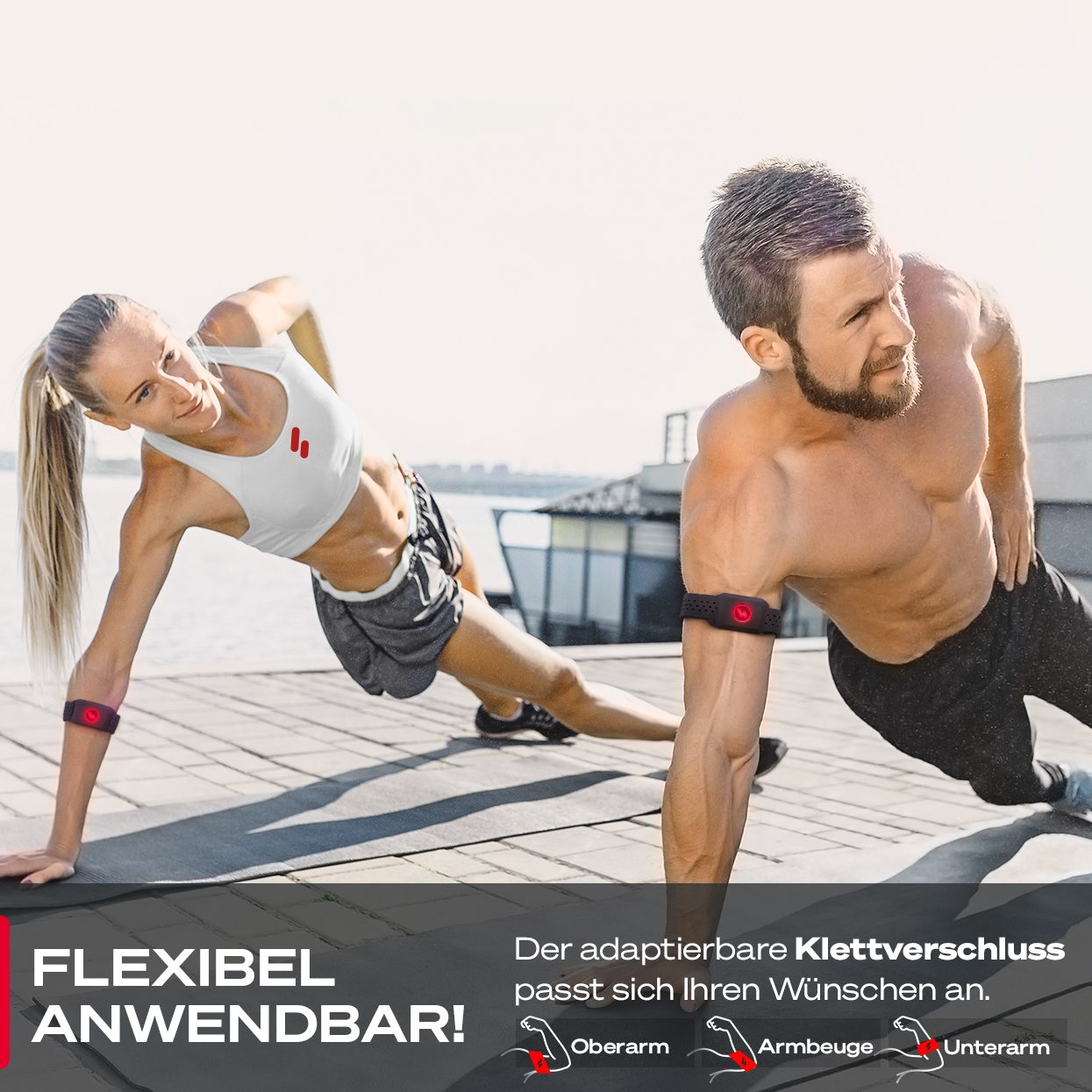 Ein Mann und eine Frau trainieren draußen. Beide tragen Armbänder. Text sagt 'Flexible Anwendung'. Hintergrund hat einen Steg und Wasser.