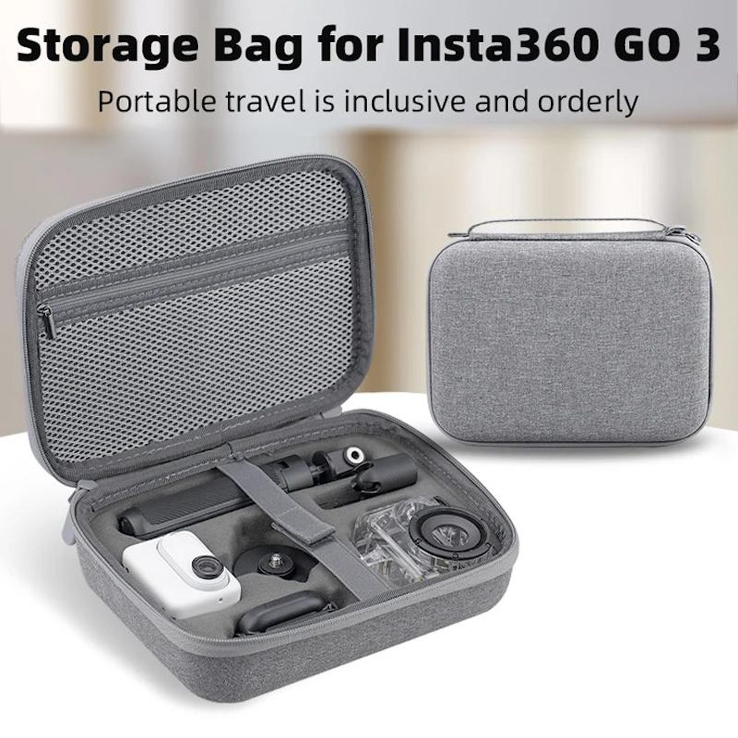 Borsa grigia per fotocamera Insta360 GO 3. Borsa aperta rivela fotocamera e accessori. Una borsa chiusa accanto.