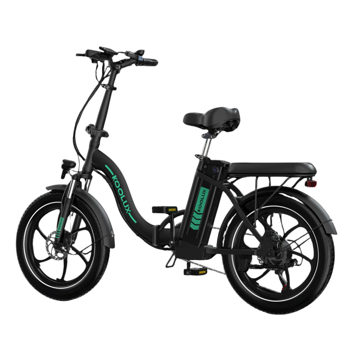 Czarny rower elektryczny Koolux z zielonymi akcentami na białym tle. Posiada siodełko, pedały i koła.