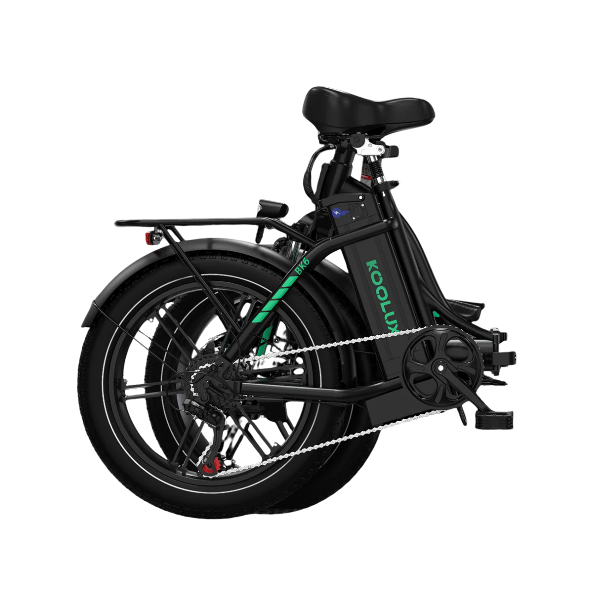 Czarny składany rower elektryczny na białym tle. Ma czarne opony, czarne siodełko i widoczna jest nazwa marki KOOLUX.