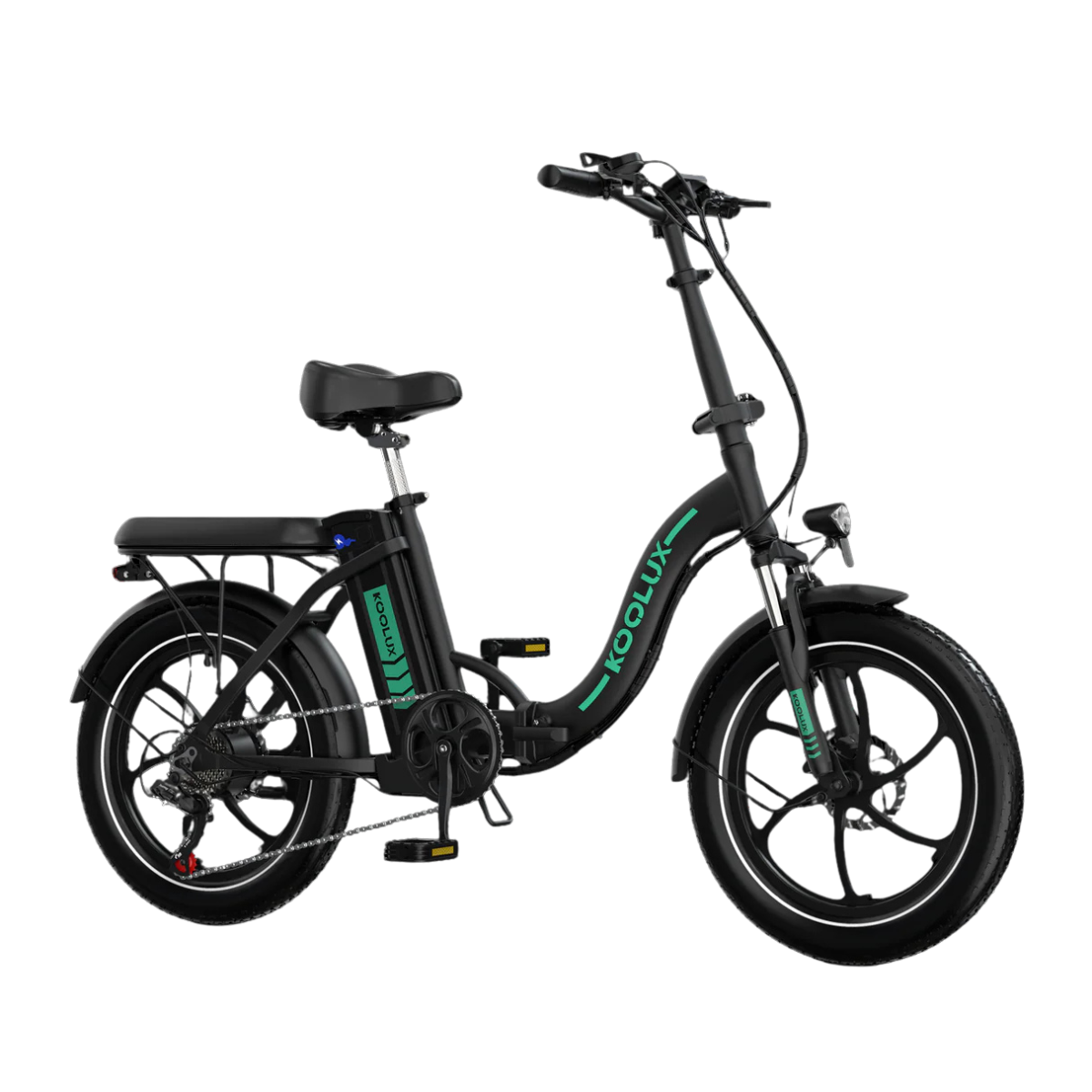 Czarny składany rower elektryczny z zielonymi akcentami. Zawiera siodełko, kierownicę, koła i markę 'KOOLUX'.