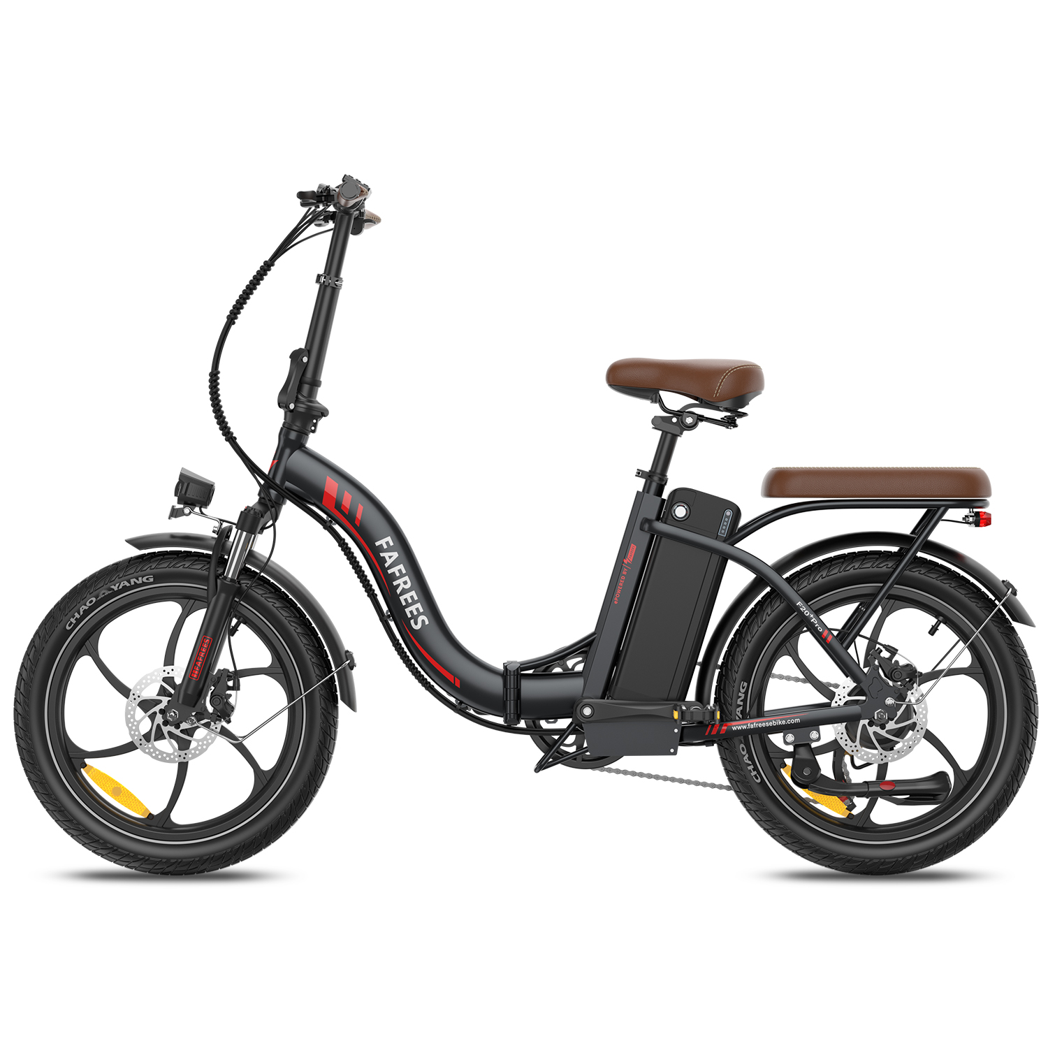 Schwarzes, zusammenklappbares Elektrofahrrad mit braunem Sitz. Es hat schwarze Reifen, Räder mit Scheibenbremse und den Markennamen FAFREES.