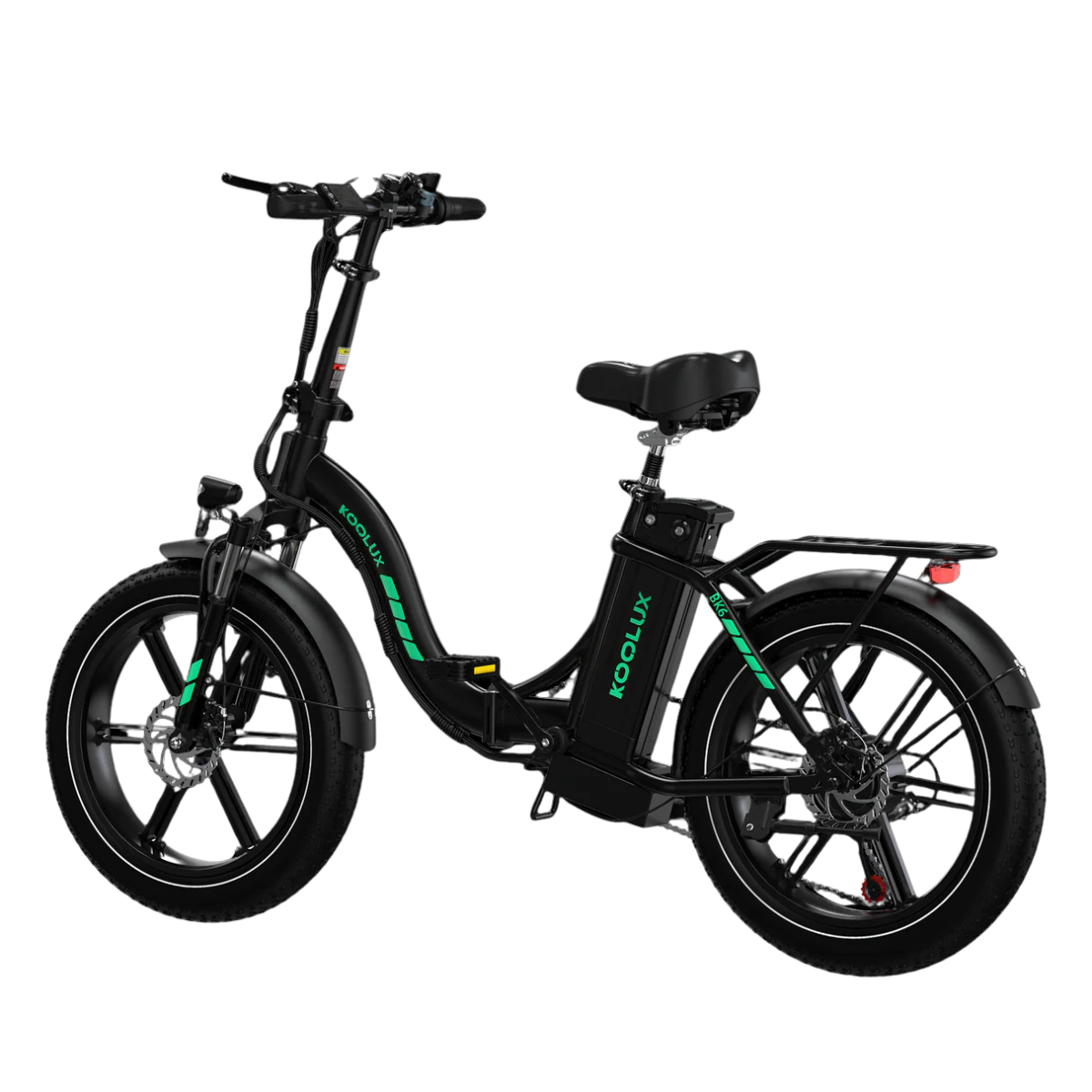 Czarny rower elektryczny z zielonymi akcentami. Zawiera kierownicę, siedzenie, koła i markę "KOOLUX".