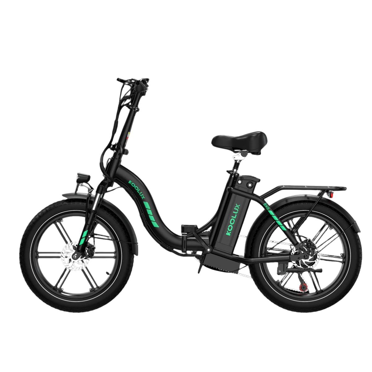 Czarny rower elektryczny z zielonymi akcentami. Ma czarną ramę, koła, siodełko i kierownicę. Marka to 'KOOLUX'.