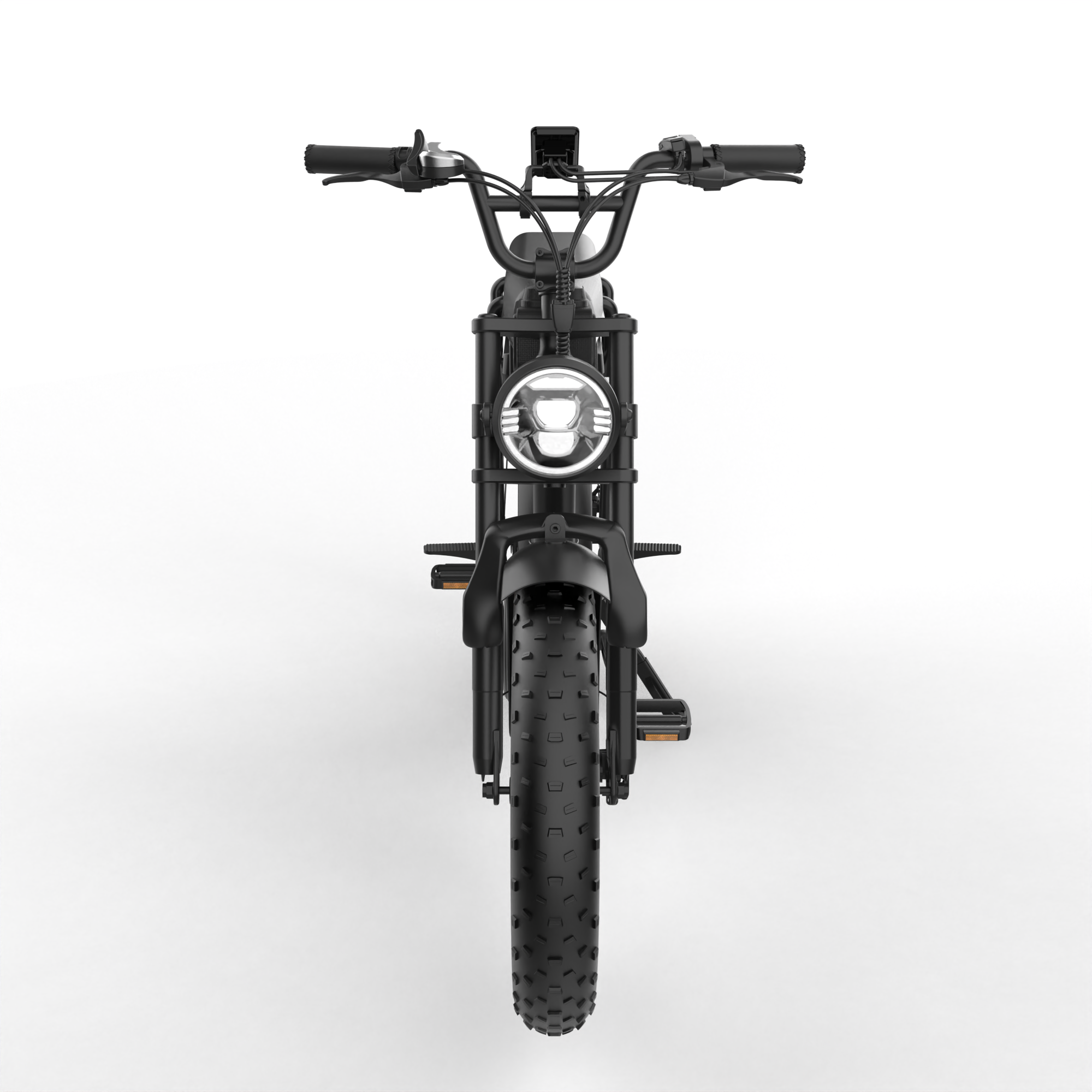 Czarny rower elektryczny na białym tle. Ma okrągły reflektor, grube opony i wyświetlacz cyfrowy.