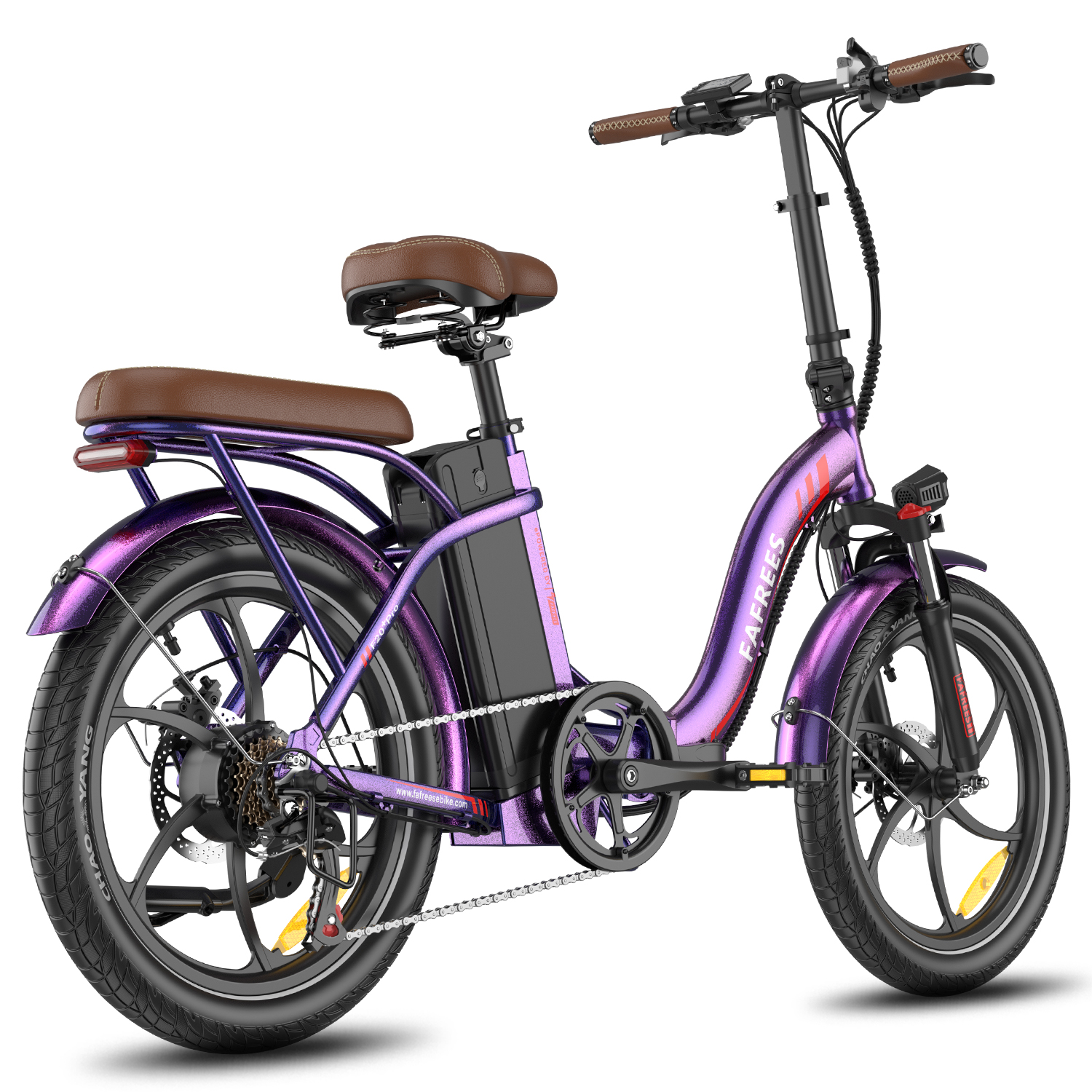 Ein violettes Elektrofahrrad mit braunem Sitz und Lenker. Das Fahrrad hat schwarze Reifen und einen Akku.