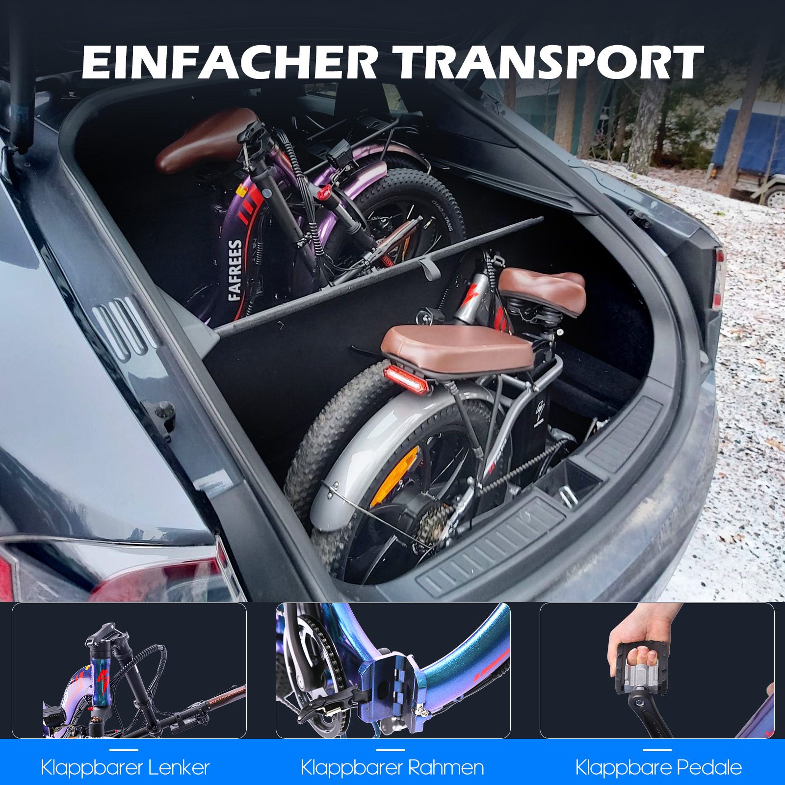 Dwa składane rowery w bagażniku. Jeden fioletowy z 'FAFREES'. Drugi srebrny. Tekst: 'Einfacher Transport'.