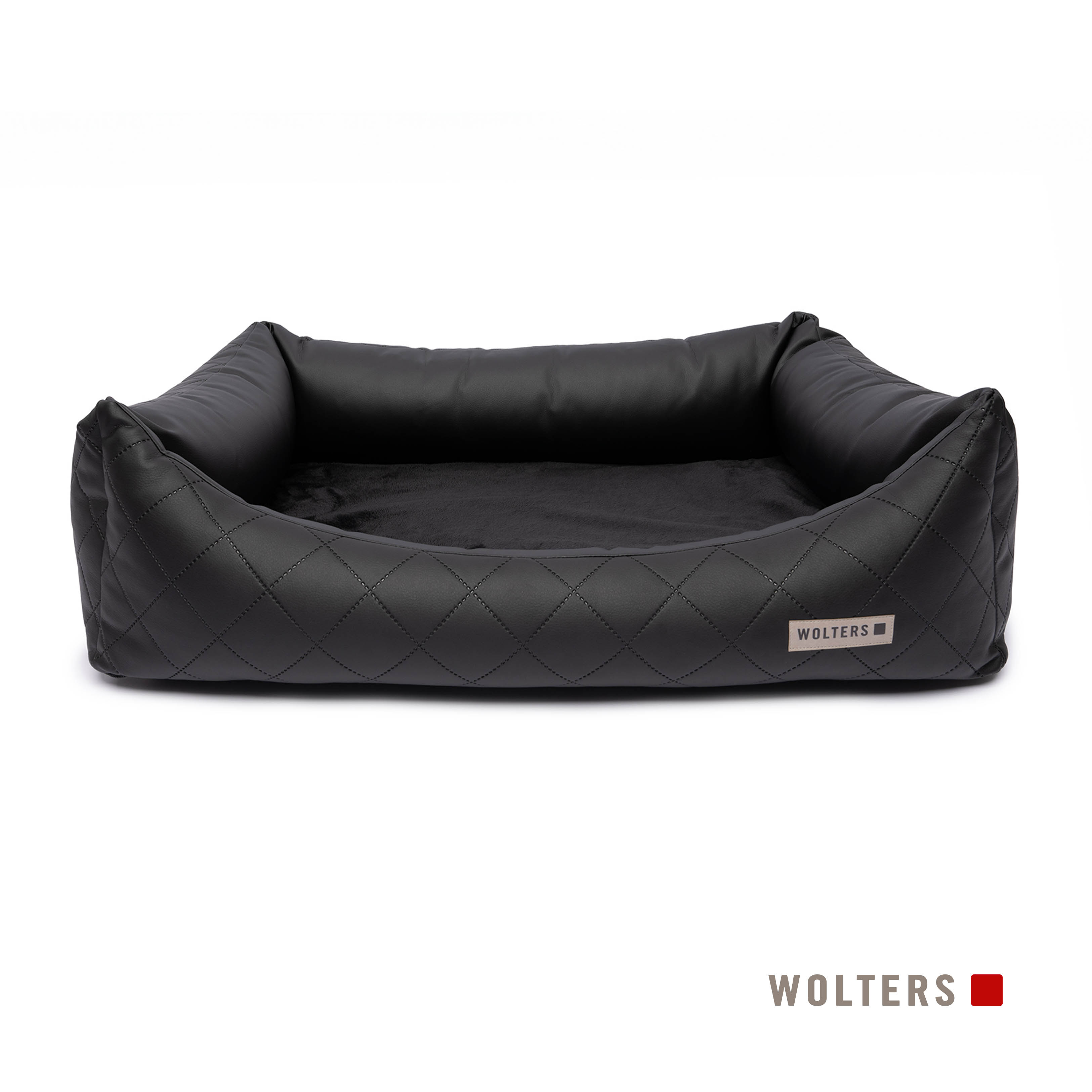 Ein schwarzes Hundebett mit Rautensteppung. Die Innenseite ist ein weiches, dunkelgraues Material. Die Marke ist Wolters.