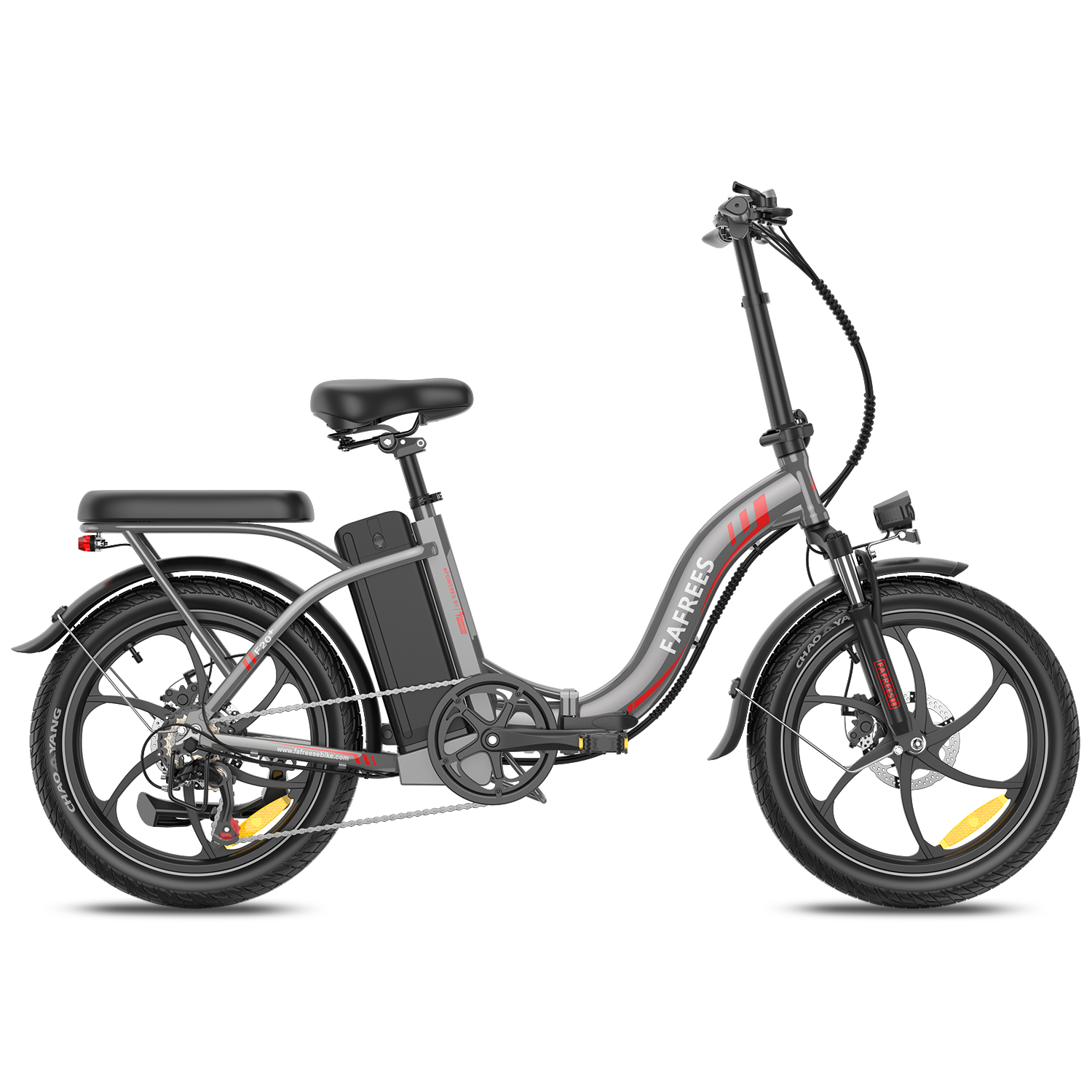 Graues Elektrofahrrad mit schwarzen Reifen und Sitz. Rote Akzente und der Markenname FAFFREES sind auf dem Rahmen zu sehen.