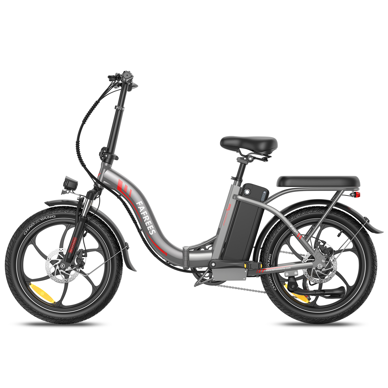 Ein graues Elektrofahrrad mit schwarzen Reifen und Sitz. Der Markenname lautet FA FREES, der Hintergrund ist weiß.