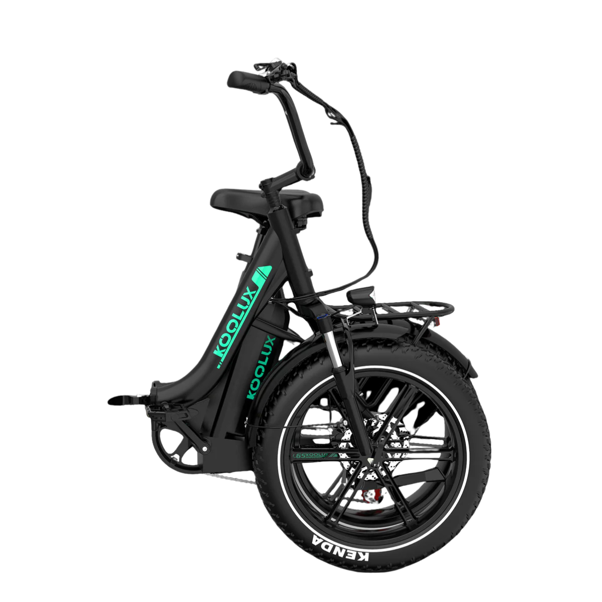 Czarny składany rower elektryczny z dużymi oponami, kierownicą, siedzeniem i logo 'KOOLUX'. Białe tło.