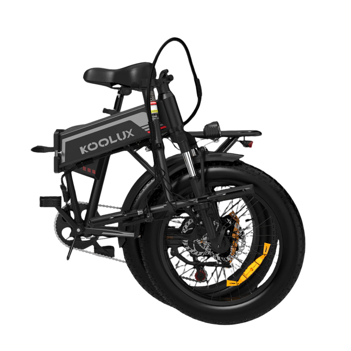 Czarny, składany rower elektryczny KOOLUX na białym tle. Rower ma czarne opony i pomarańczowe akcenty.