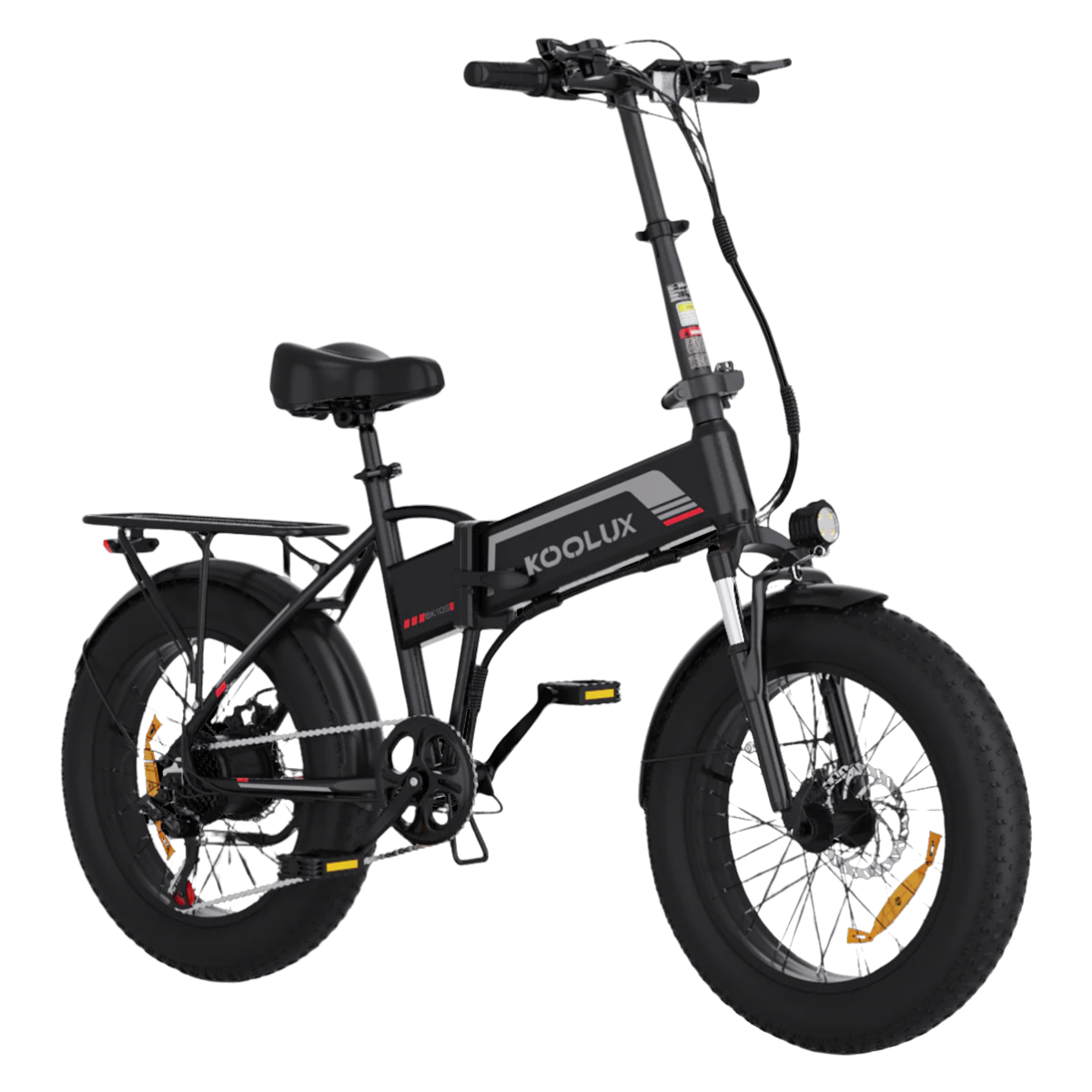 Czarny rower elektryczny z grubymi oponami. Posiada reflektor, bagażnik i markę KOOLUX na ramie. Na białym tle.