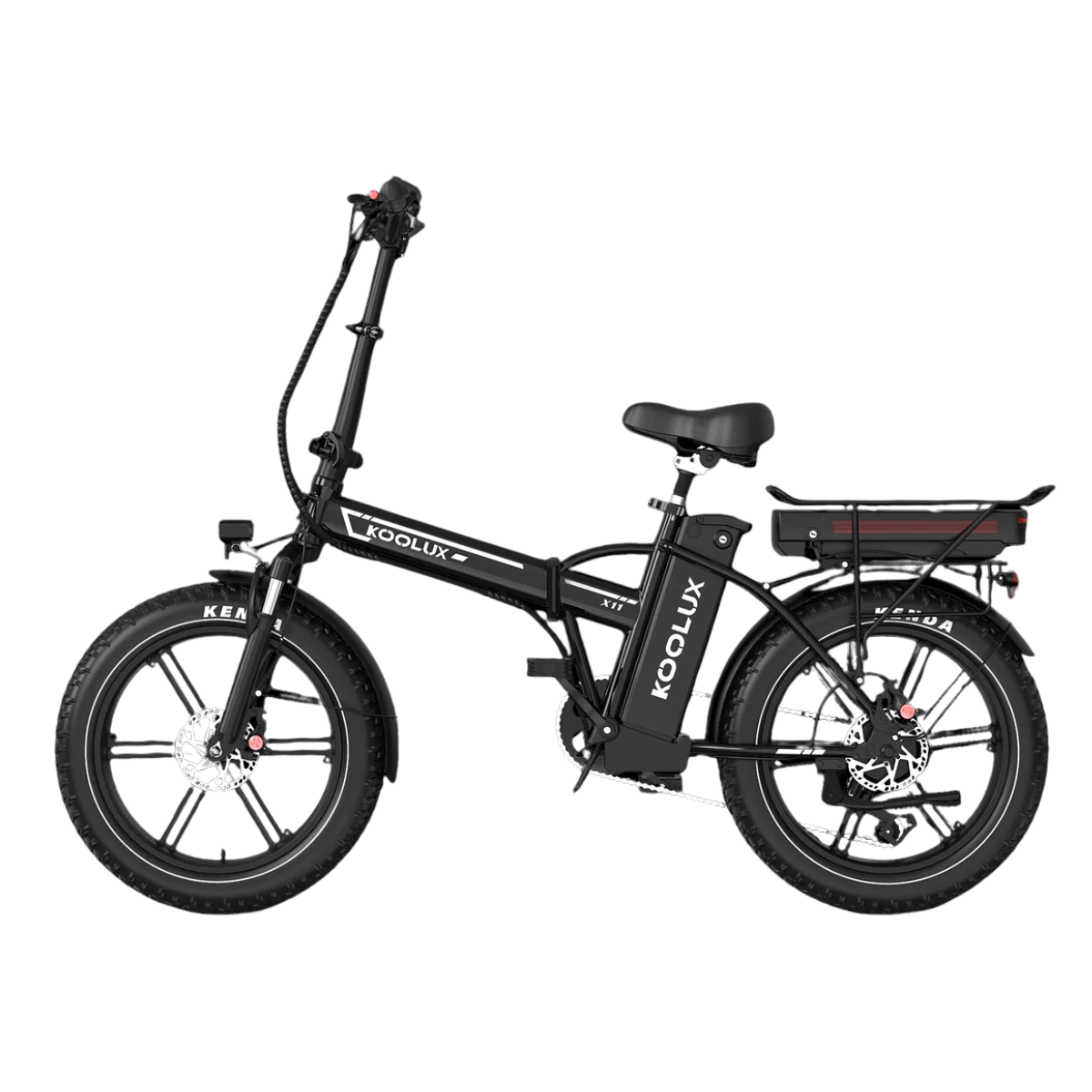 Czarny elektryczny rower składany Koolux X11. Ma duże opony, hamulce tarczowe i akumulator. Tło jest czarne.