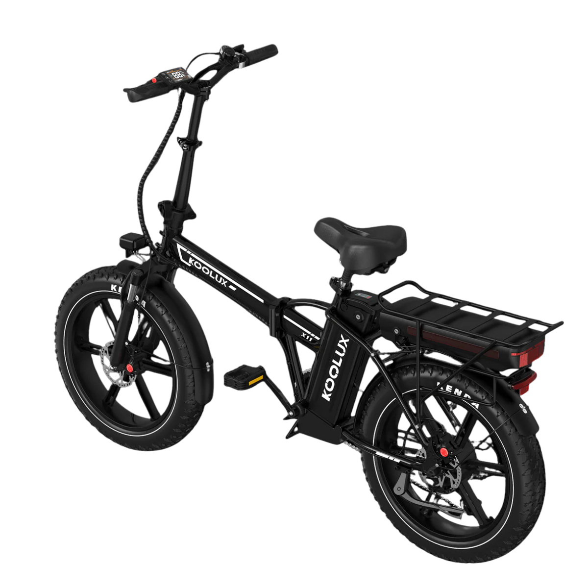 Czarny składany rower elektryczny na czarnym tle. Posiada grube opony, bagażnik i markę KOOLUX.