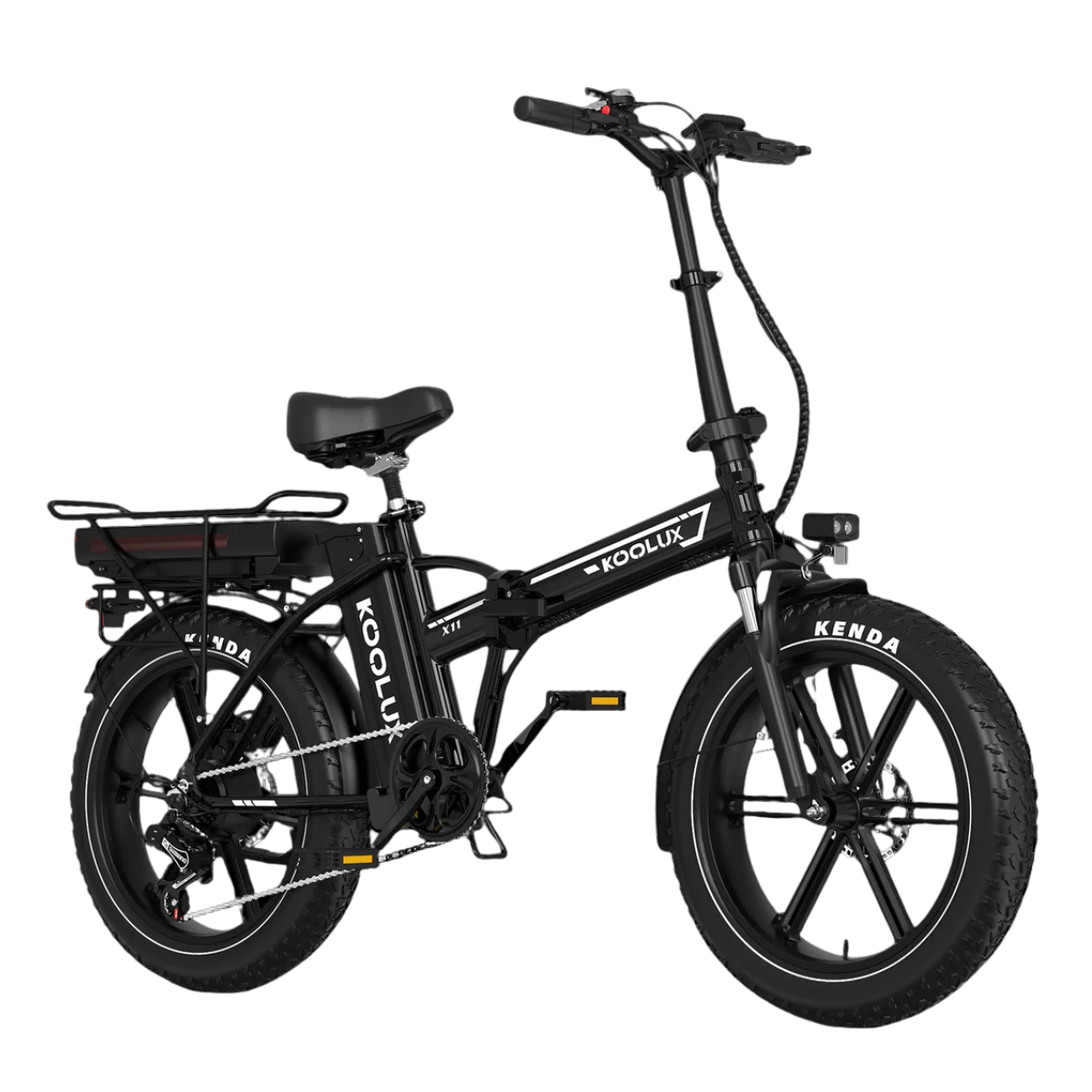 Czarny rower elektryczny Koolux X11. Posiada duże opony z marką Kenda, tylny bagażnik i przedni reflektor na czarnym tle.