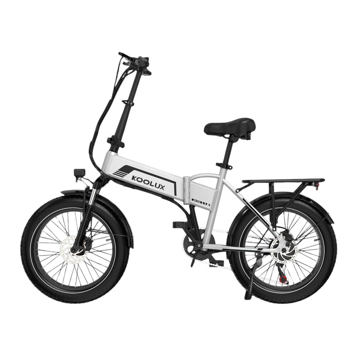 Rower elektryczny z czarnymi oponami, srebrną ramą i czarnym siedzeniem. Widoczna jest nazwa marki 'KOOLUX'.