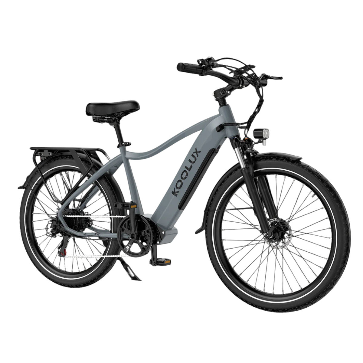 Szaro-czarny rower elektryczny Koolux na białym tle. Rower ma czarne siodełko, opony i kierownicę. Rama jest szara.