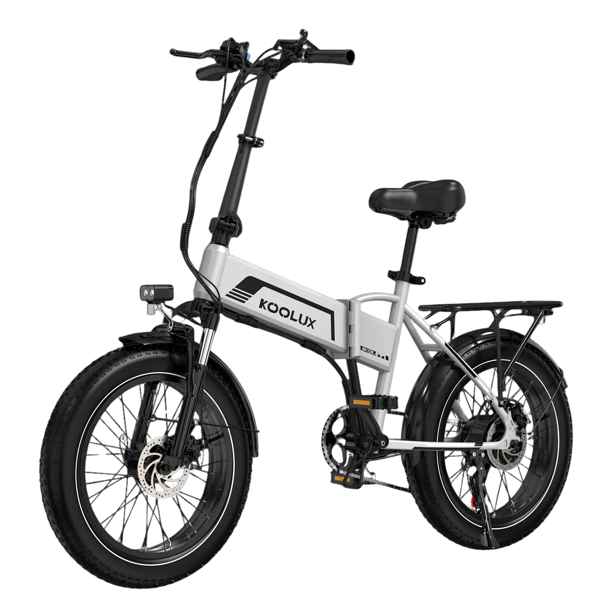 Srebrno-czarny rower elektryczny. Ma duże opony, tylny bagażnik i markę KOOLUX na ramie.