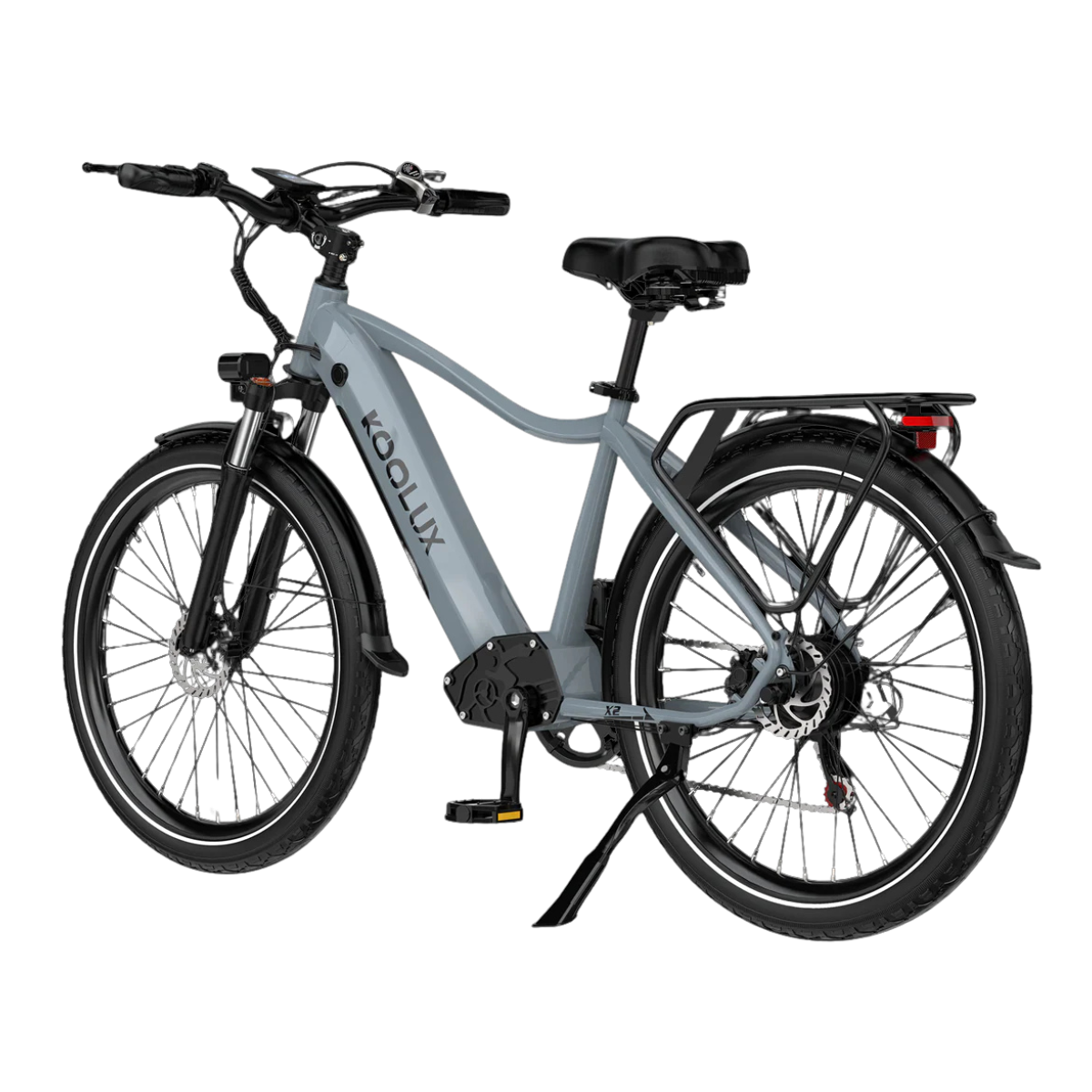 Szaro-czarny rower elektryczny Koolux. Ma czarne opony, czarne siodełko i bagażnik z tyłu. Tło jest białe.