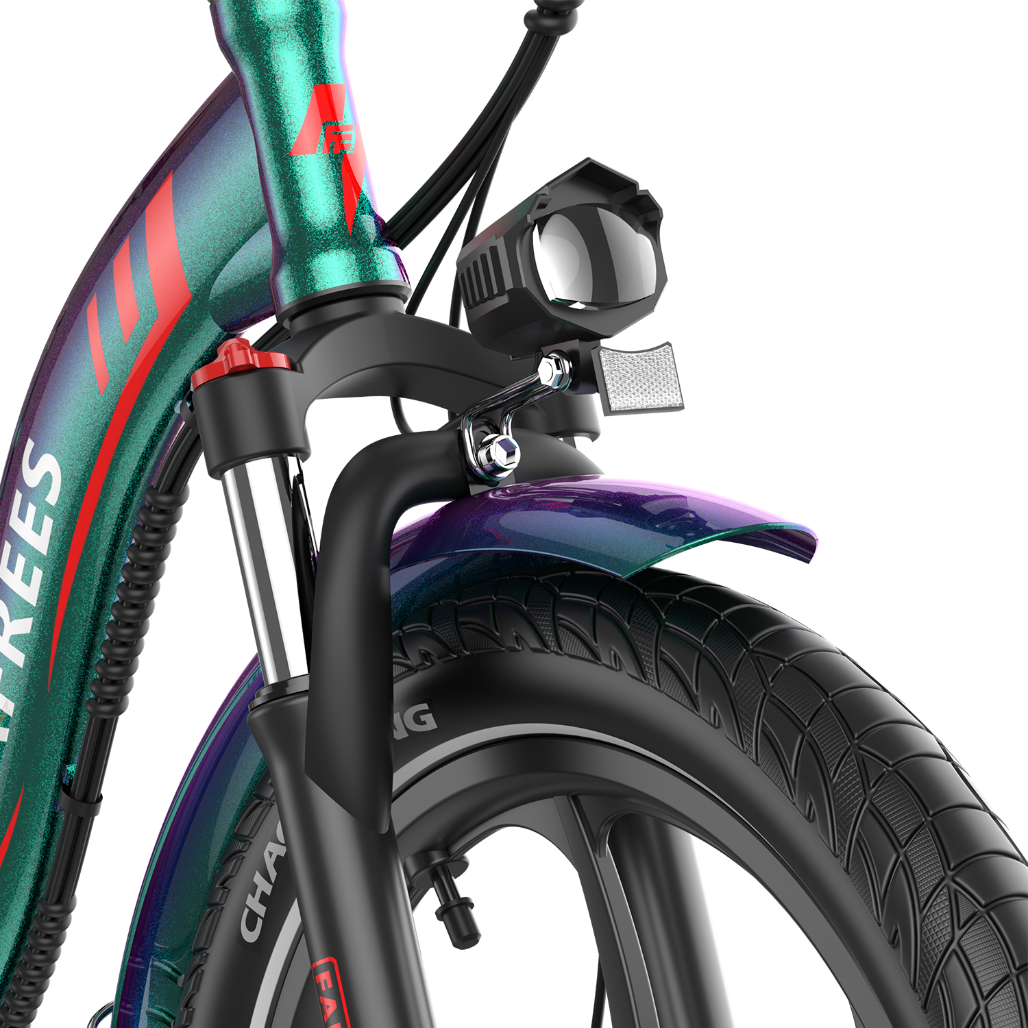 Nahaufnahme eines Fahrrads. Das Fahrrad hat einen grün-lila Rahmen, einen schwarzen Reifen, einen Scheinwerfer und einen roten Akzent.