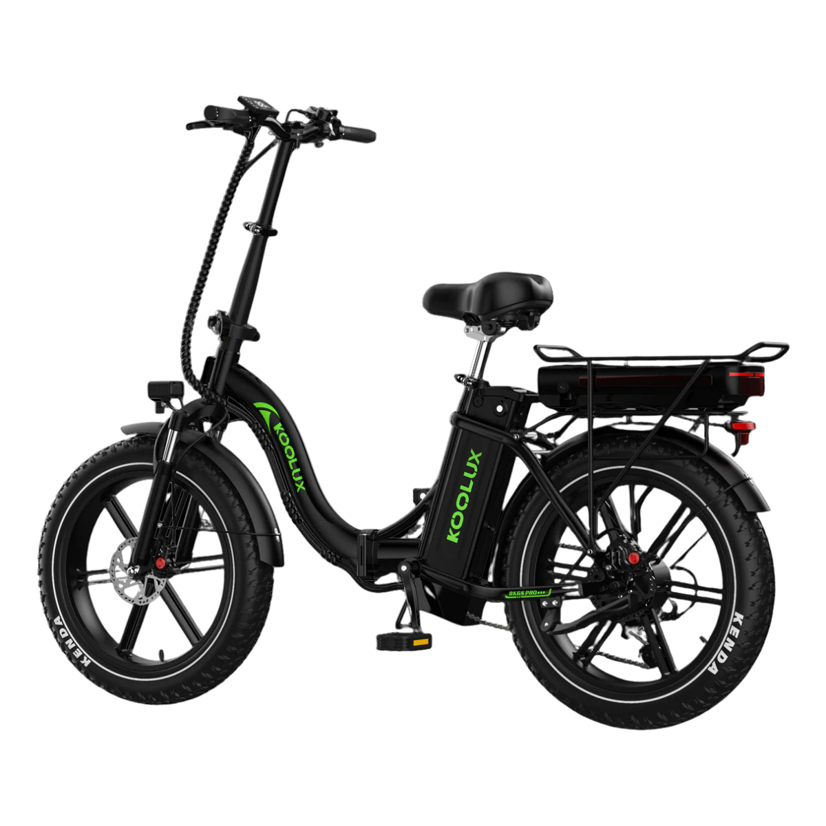 Czarny rower elektryczny Koolux z dużymi oponami. Posiada czarną ramę, siodełko i bagażnik. Opony Kenda.