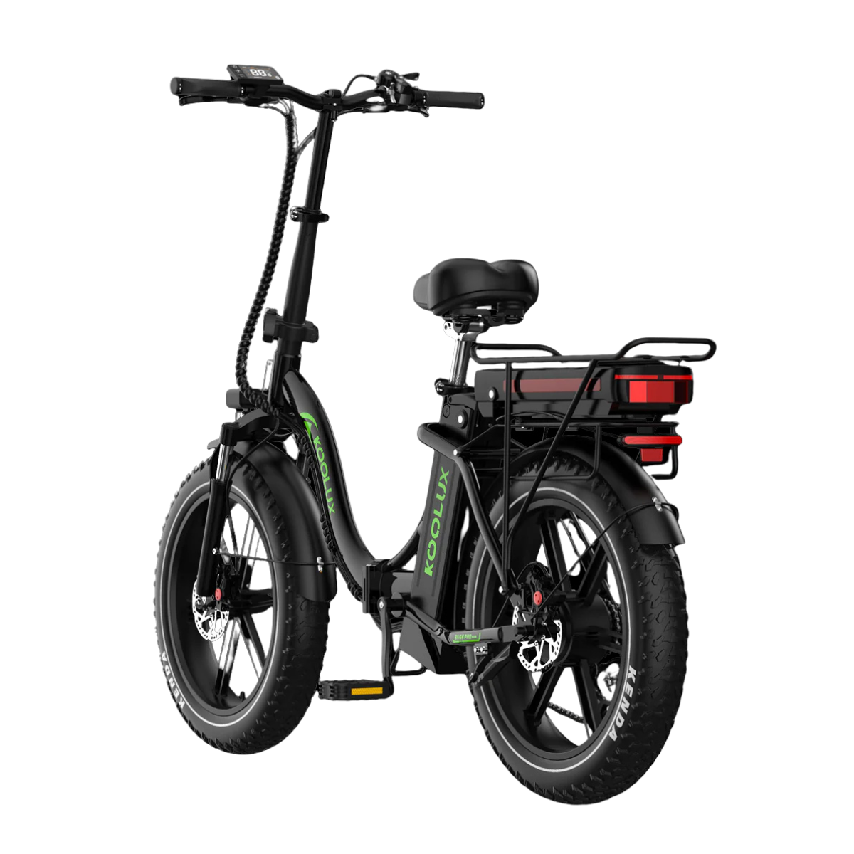 Czarny rower elektryczny z dużymi oponami, bagażnikiem tylnym i wyświetlaczem cyfrowym. Rower ma nazwę marki 'KOOLUX' wydrukowaną na zielono.