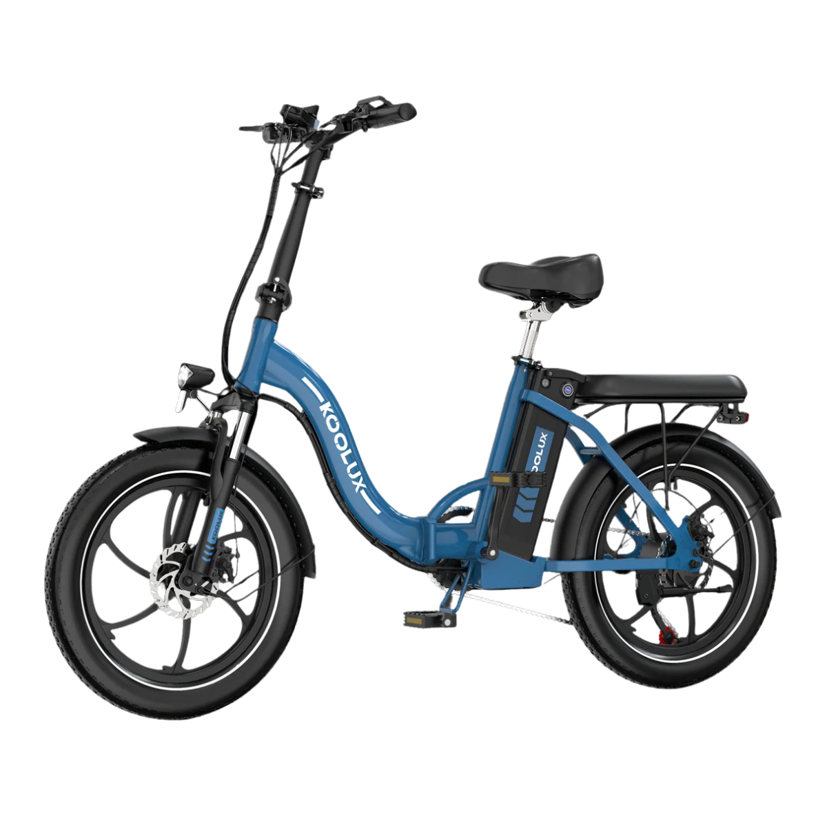 Niebiesko-czarny elektryczny rower składany, z marką 'KOOLUX'. Ma czarne siodełko, opony i akumulator.