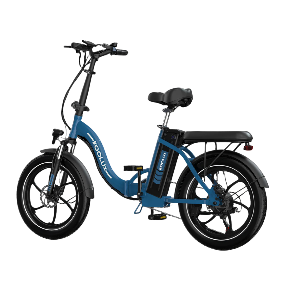 Niebiesko-czarny składany rower elektryczny. Na ramie widnieje nazwa marki 'KOOLUX'. Tło jest białe.