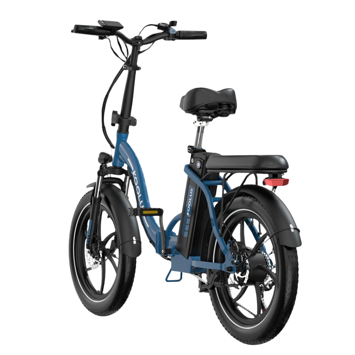 Niebiesko-czarny rower elektryczny. Ma czarne siodełko i kierownicę. Marka "KOOLUX" jest widoczna na ramie.