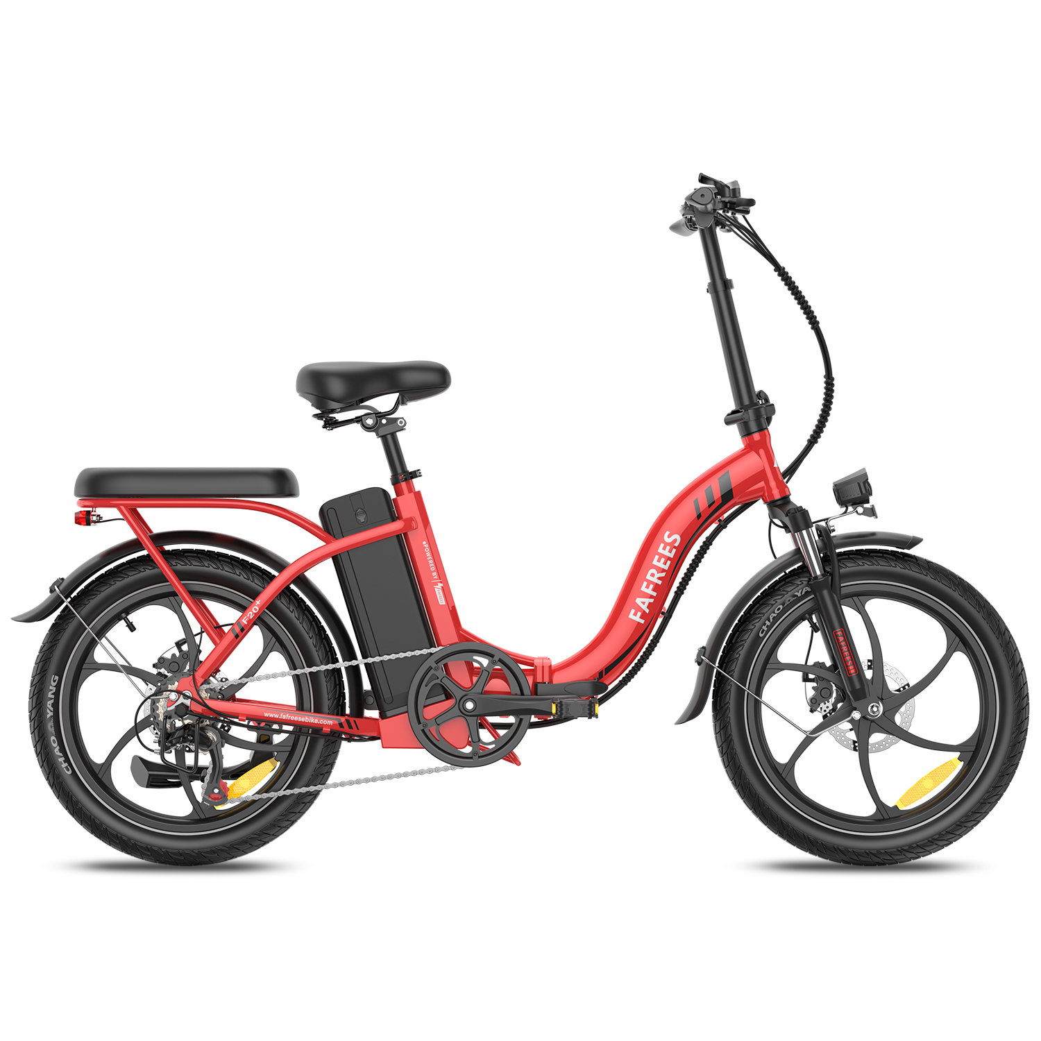 Ein rotes, zusammenklappbares Elektrofahrrad auf weißem Hintergrund. Es hat schwarze Reifen, einen schwarzen Sitz und einen Akku. Die Marke ist FAREES.