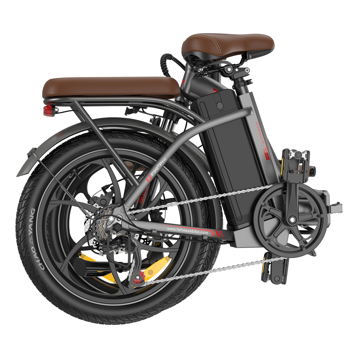 Schwarzes und graues, zusammenklappbares Elektrofahrrad mit braunen Sitzen. Das Fahrrad hat schwarze Reifen und einen Akku. Der Hintergrund ist weiß.