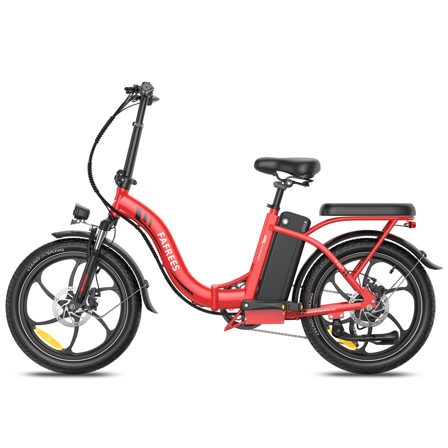 Rotes und schwarzes Elektrofahrrad auf weißem Hintergrund. Markenname FAFREES ist sichtbar.