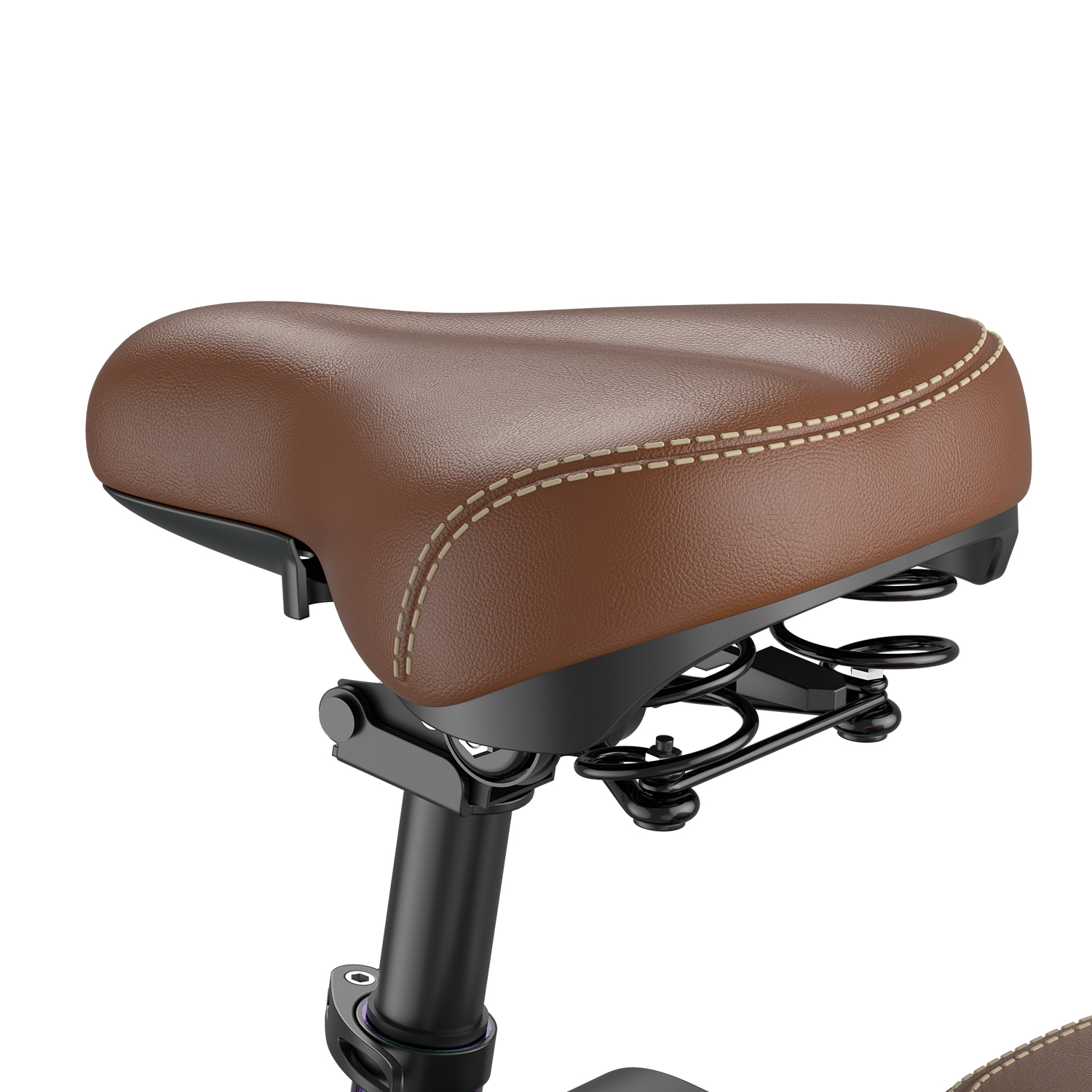 Ein brauner Fahrradsattel mit hellen Nähten ist auf einem schwarzen Pfosten montiert. Der Sattel hat eine geschwungene Form, Federn sind sichtbar.