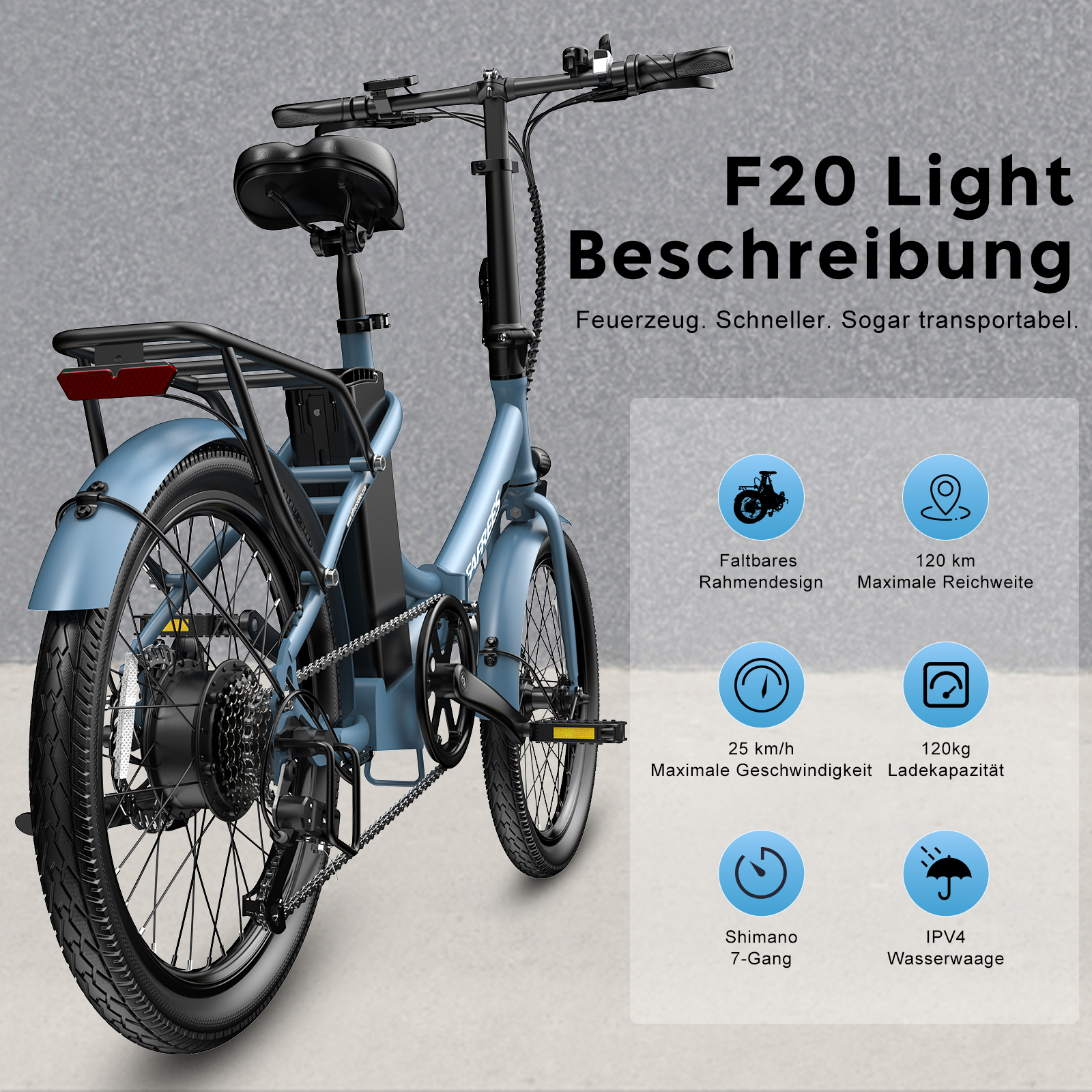Blaues F20 Light E-Bike. Merkmale umfassen: faltbarer Rahmen, 120 km Reichweite, 25 km/h Geschwindigkeit, 120 kg Tragfähigkeit, Shimano 7-Gang.