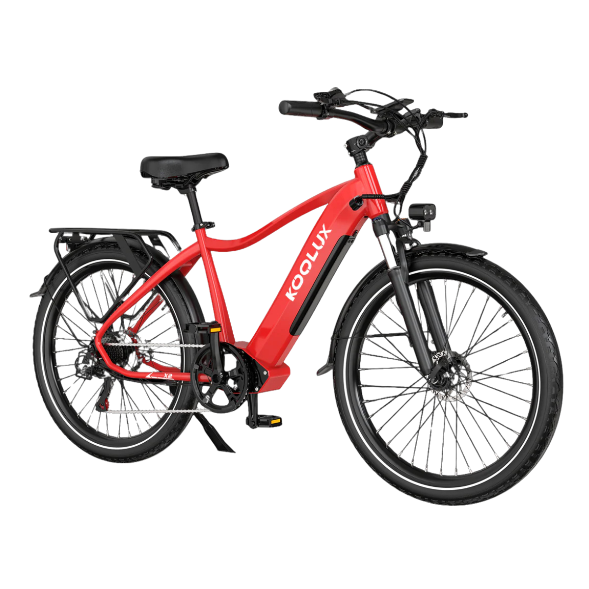 Czerwony rower elektryczny Koolux na białym tle. Posiada czarne opony, kierownicę, siodełko i bagażnik. Biały napis 'KOOLUX' na ramie.