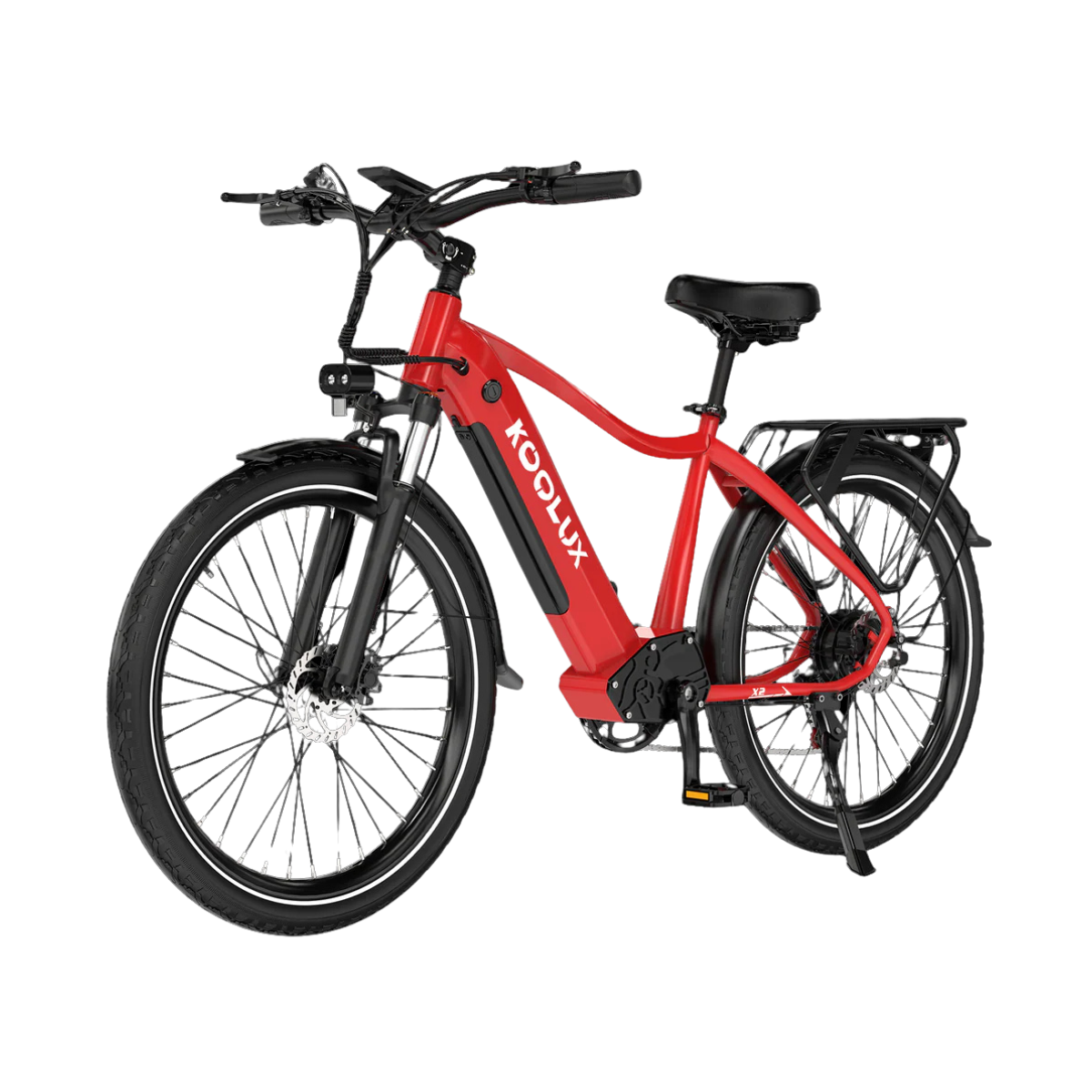 Pokazano czerwony rower elektryczny Koolux. Ma czarne opony, błotniki i bagażnik. Rower jest na białym tle.