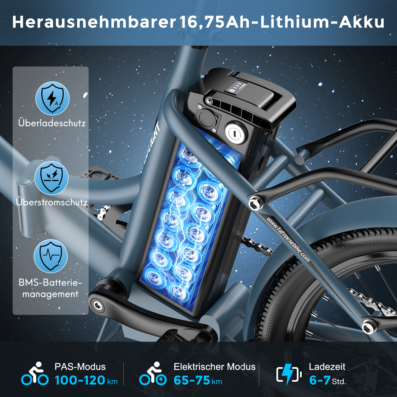 Ein E-Bike mit herausnehmbarem 16,75Ah-Akku. Merkmale sind Überlast-, Überstromschutz und Batteriemanagement.
