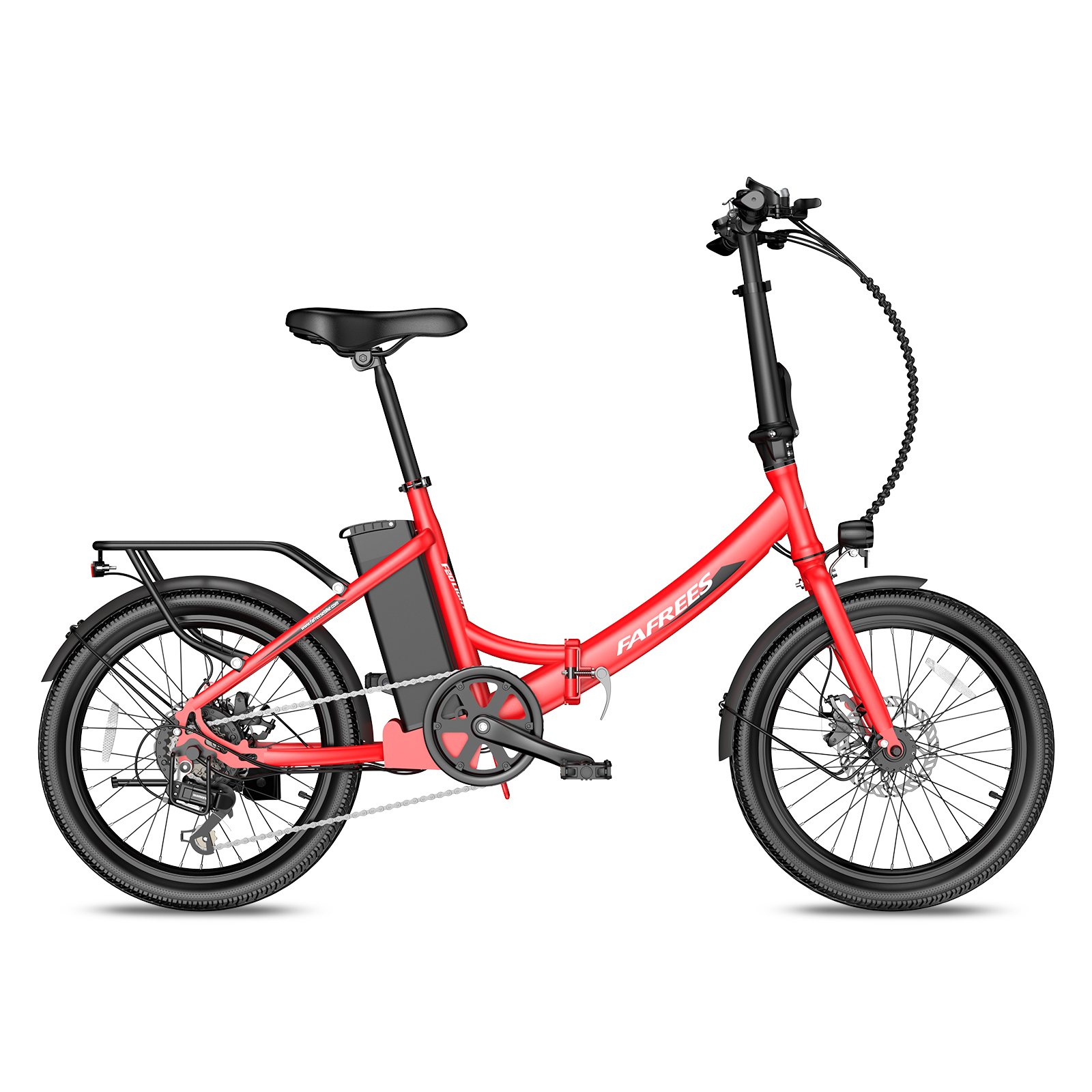 Rotes zusammenklappbares Elektrofahrrad auf weißem Hintergrund. Es hat schwarze Reifen, Sitz und Lenker. Der Markenname ist FAREES.