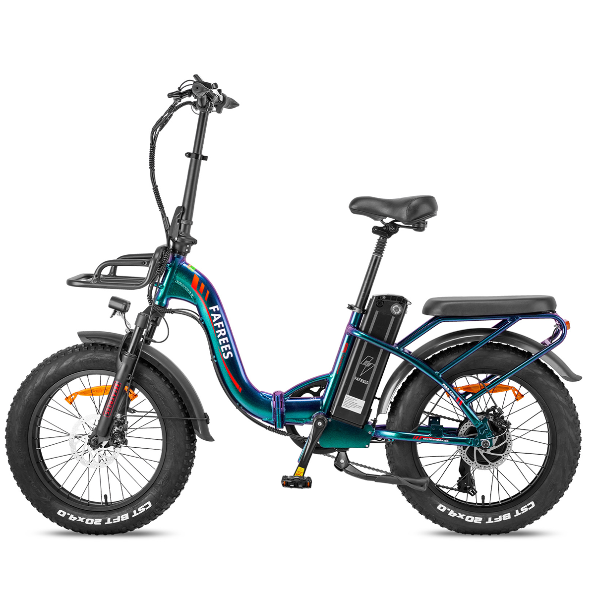 Ein Elektrofahrrad mit teal-farbenem Rahmen. Es hat schwarze Reifen, Sitz und einen Frontkorb. Die Marke "FAFREES" ist sichtbar.