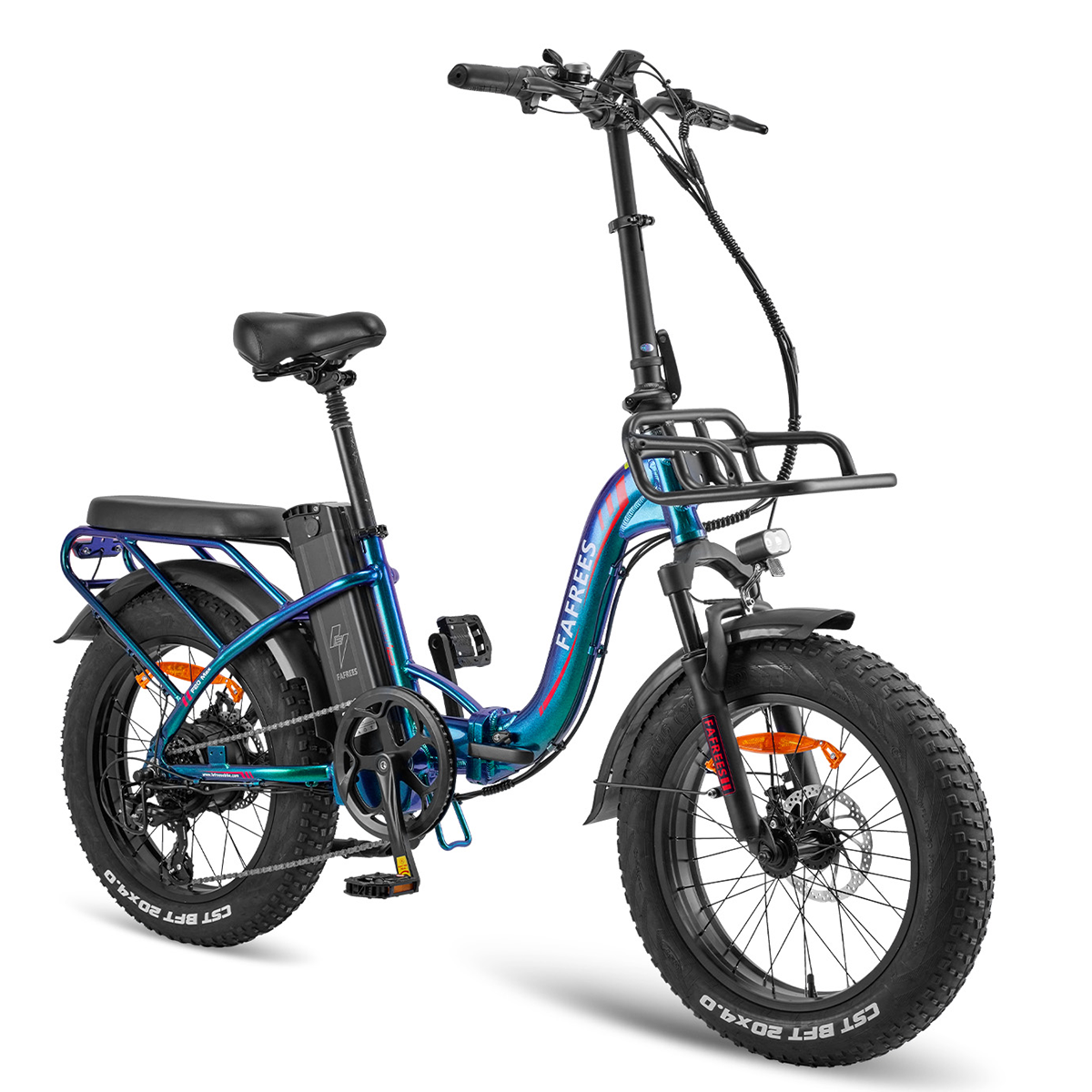 Ein zusammengeklapptes Elektrofahrrad mit schwarzen Reifen, blauem Rahmen und Korb, vor weißem Hintergrund.