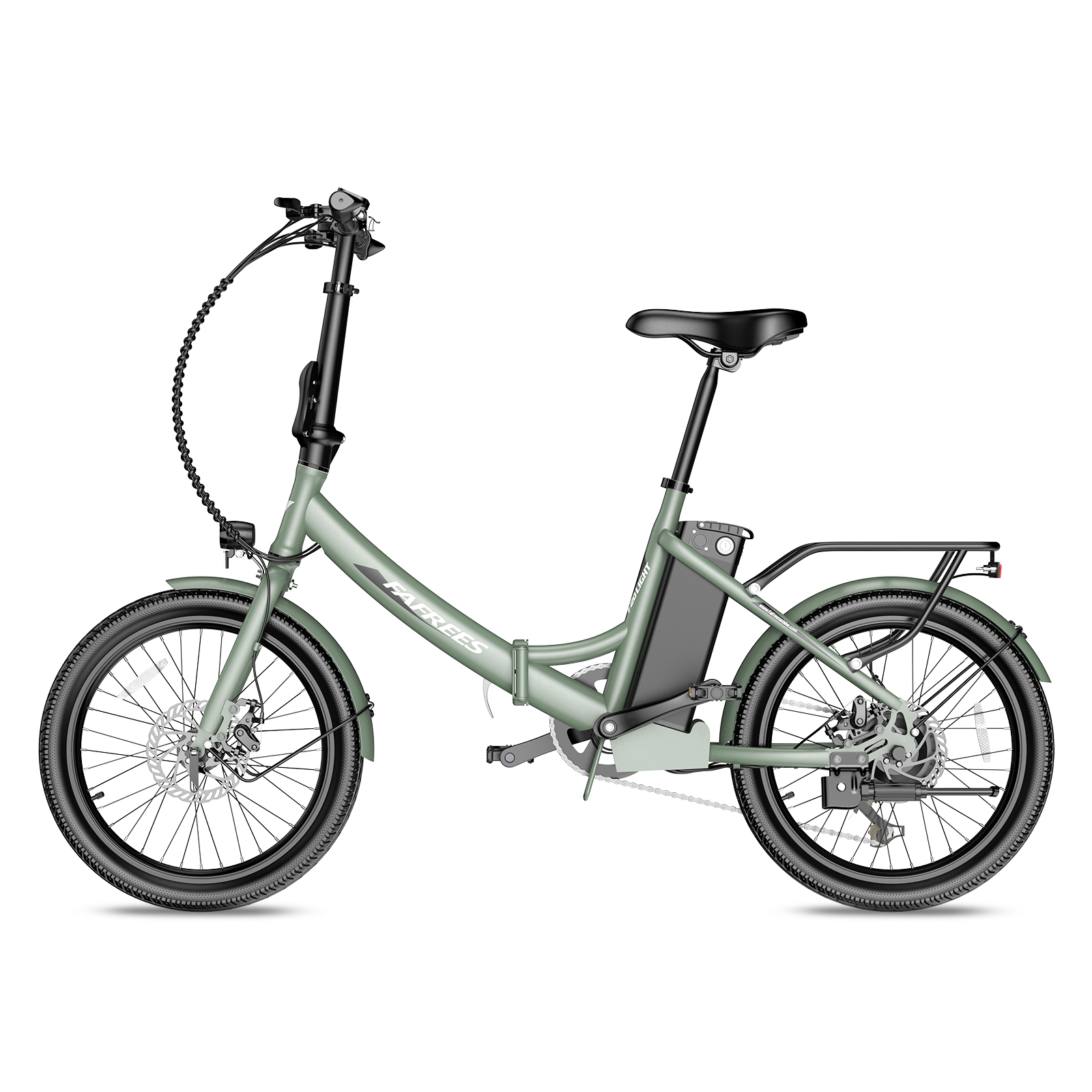 Ein grünes Elektrofahrrad mit der Aufschrift 'FABREES'. Es hat schwarze Reifen und einen schwarzen Sitz. Der Hintergrund ist weiß.