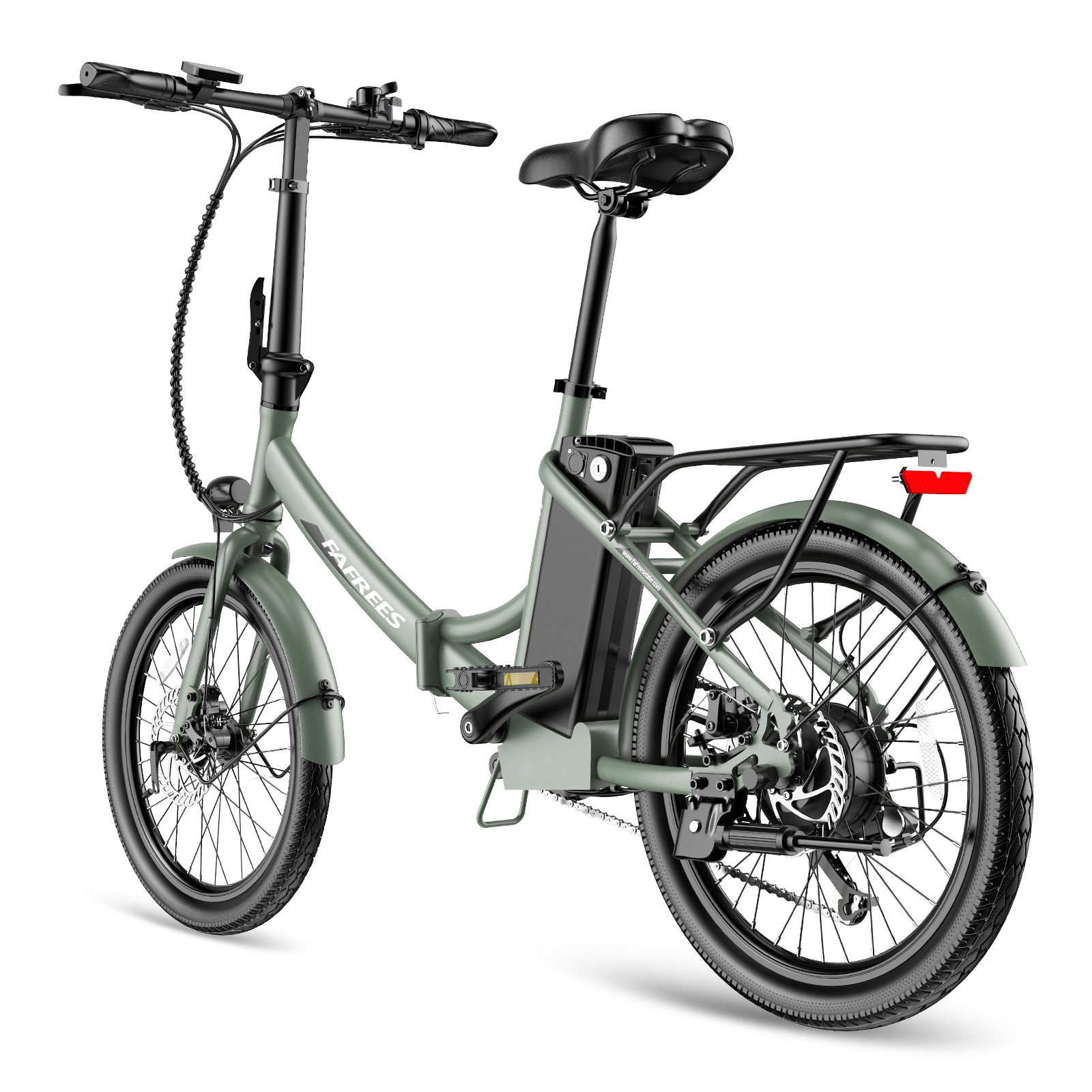 Ein olivgrünes, zusammenklappbares Elektrofahrrad mit schwarzem Sattel, Lenker und Gepäckträger. Das Fahrrad steht vor weißem Hintergrund.