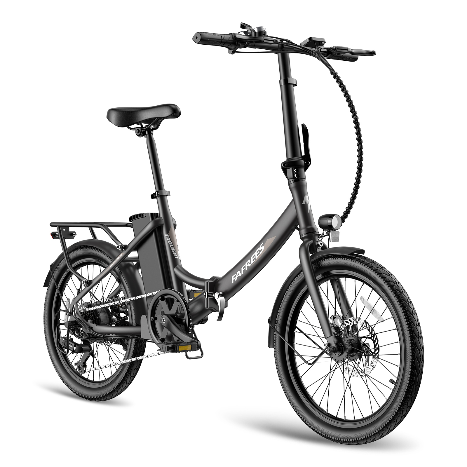 Schwarzes Klapp-Elektrofahrrad vor weißem Hintergrund. Es hat einen Akku, Gepäckträger, Lichter und den Markennamen 'FAFREES'.