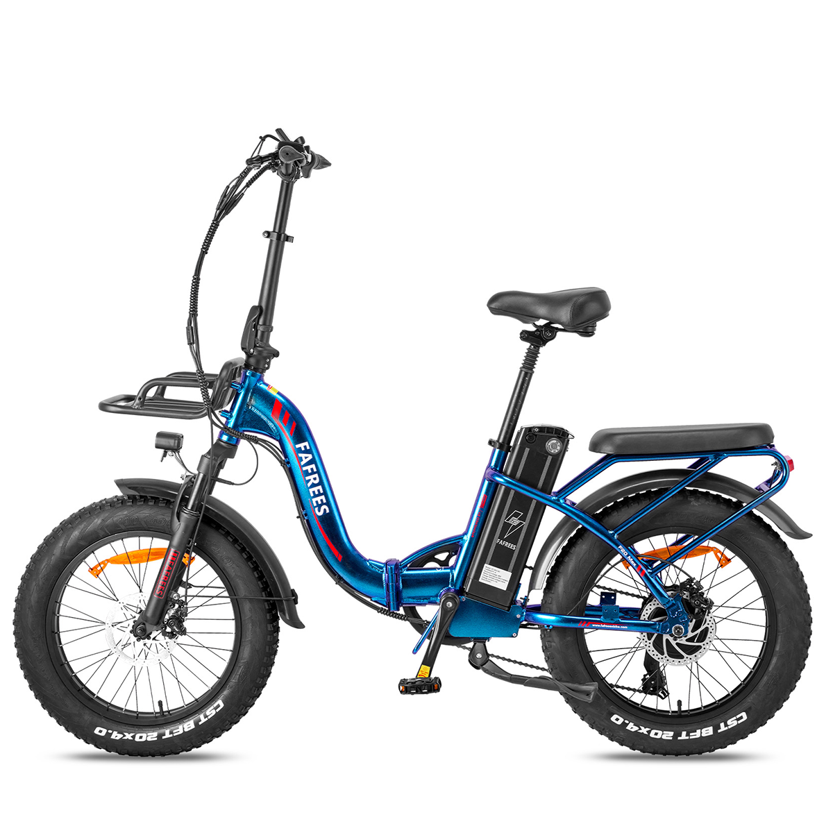Blaues Elektrofahrrad mit breiten Reifen, schwarzem Sitz und dem Markennamen "FAFrees" auf dem Rahmen, vor weißem Hintergrund.